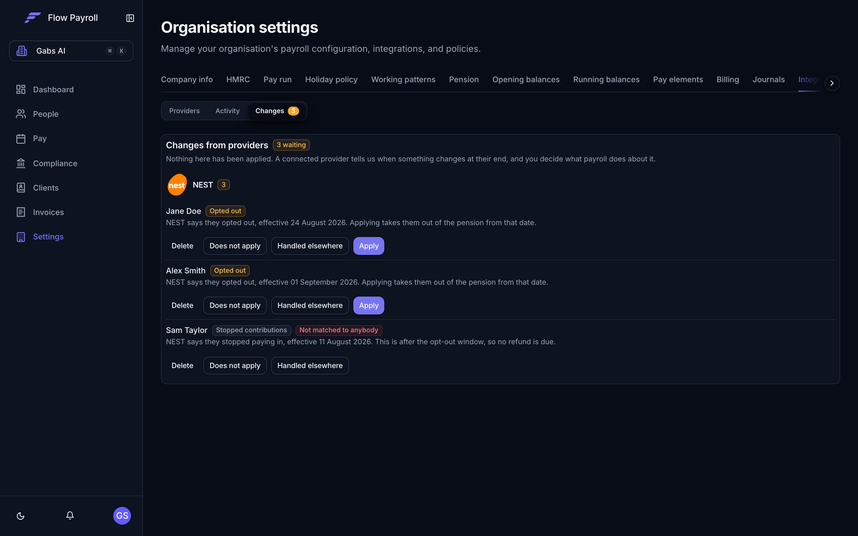 The Changes tab under Settings, Integrations, listing members NEST reported as opted out or having stopped contributions, each with Apply, Handled elsewhere, Does not apply and Delete buttons
