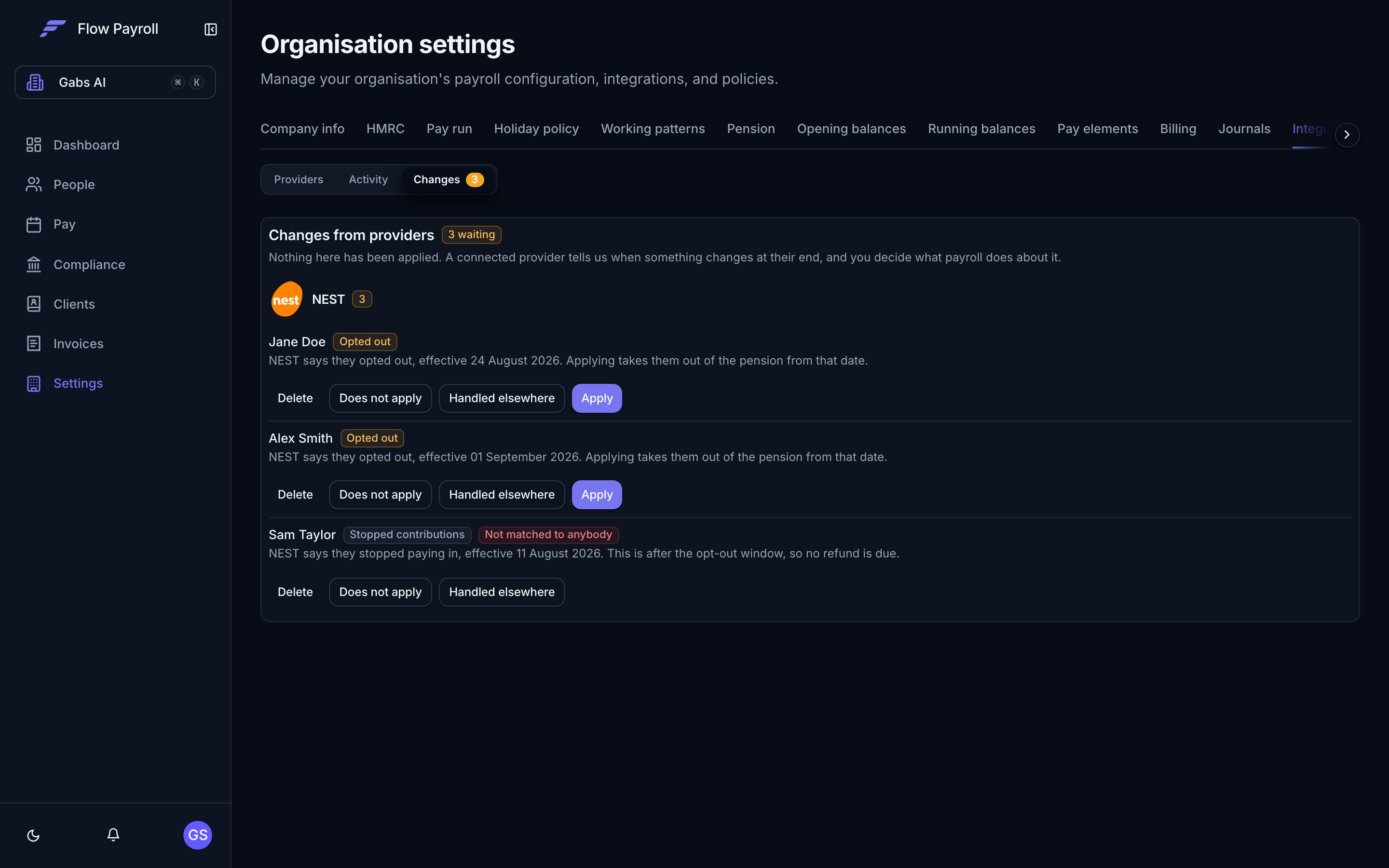The Changes tab under Settings, Integrations, listing members NEST reported as opted out or having stopped contributions, each with Apply, Handled elsewhere, Does not apply and Delete buttons
