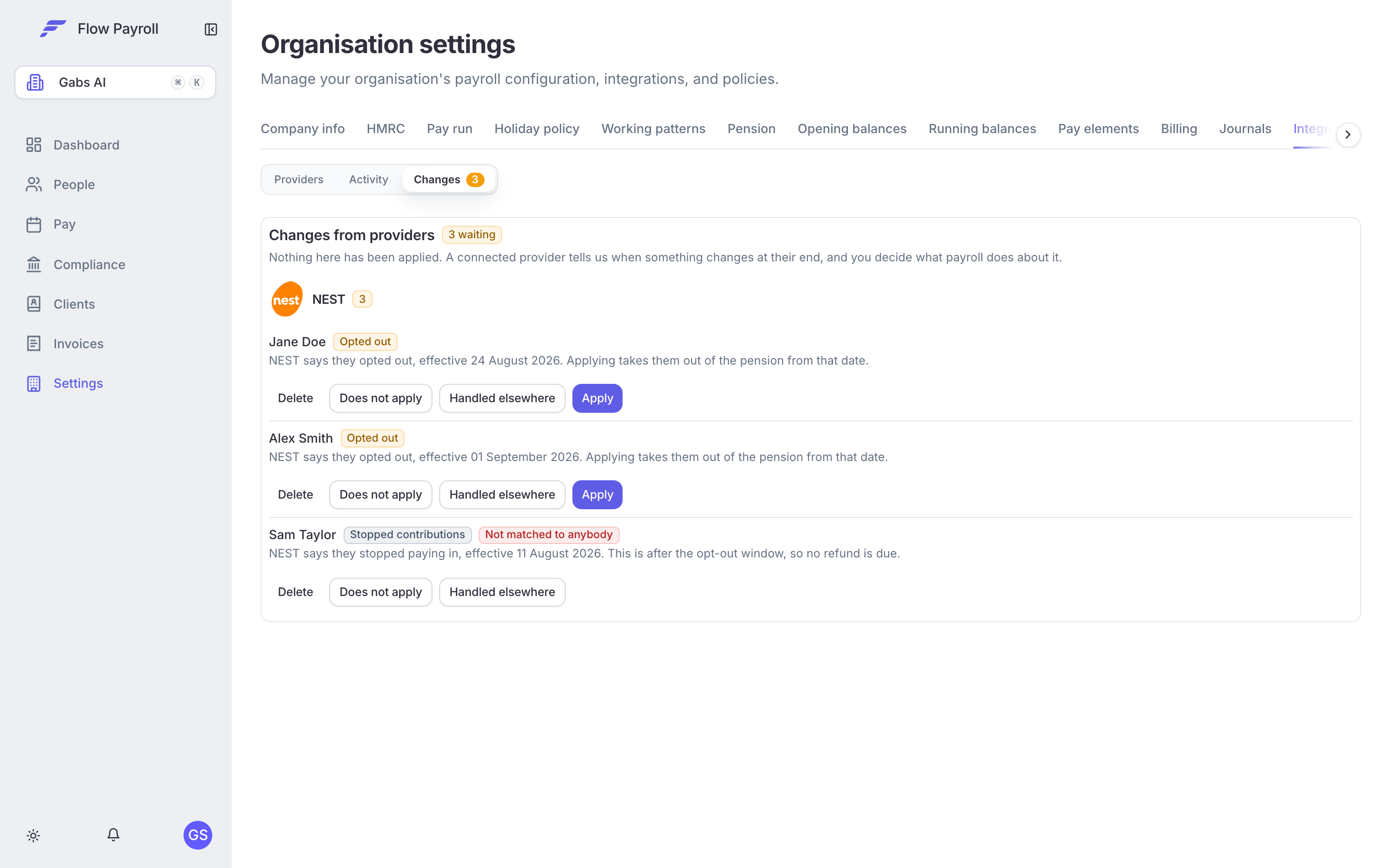 The Changes tab under Settings, Integrations, listing members NEST reported as opted out or having stopped contributions, each with Apply, Handled elsewhere, Does not apply and Delete buttons