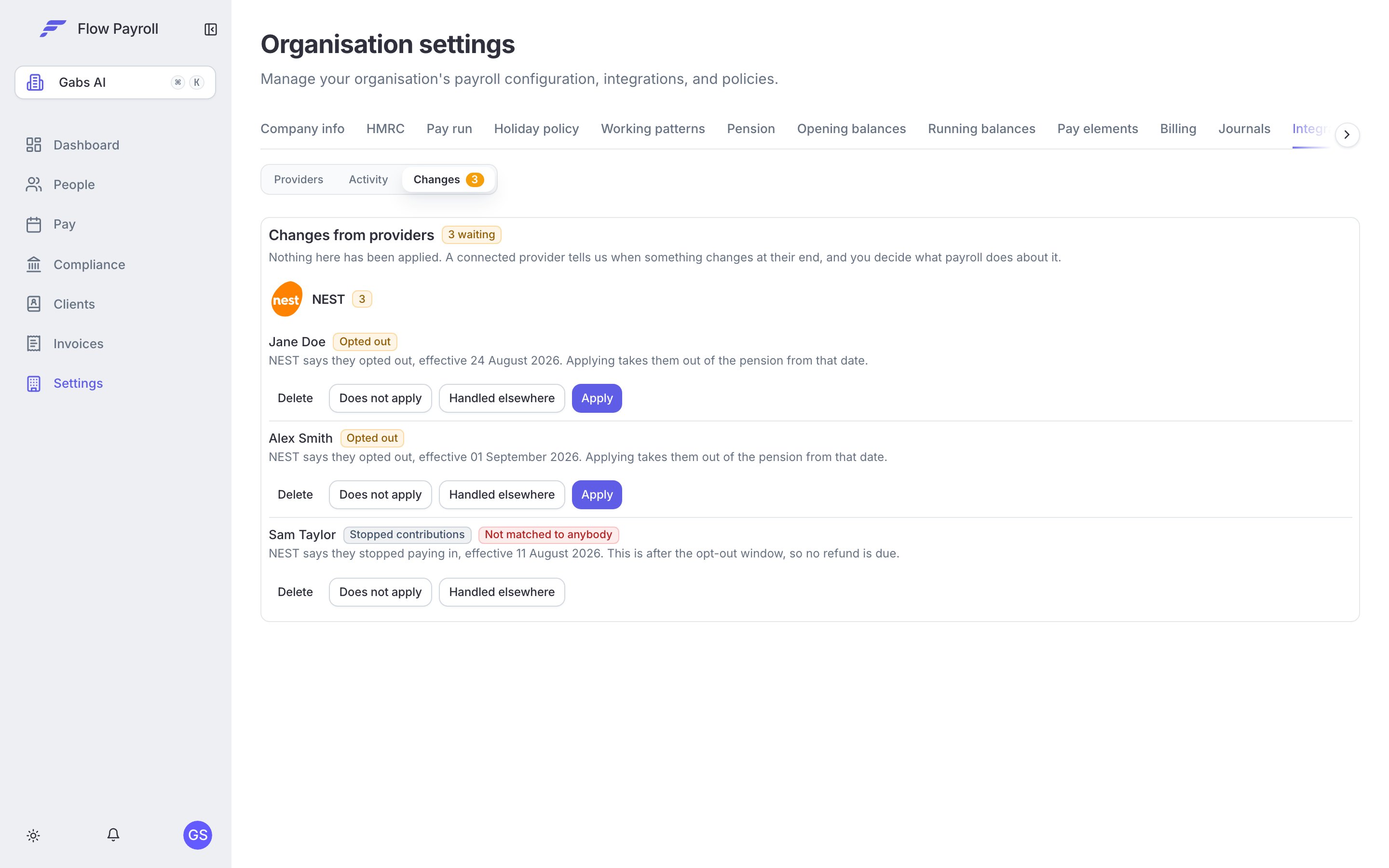 The Changes tab under Settings, Integrations, listing members NEST reported as opted out or having stopped contributions, each with Apply, Handled elsewhere, Does not apply and Delete buttons