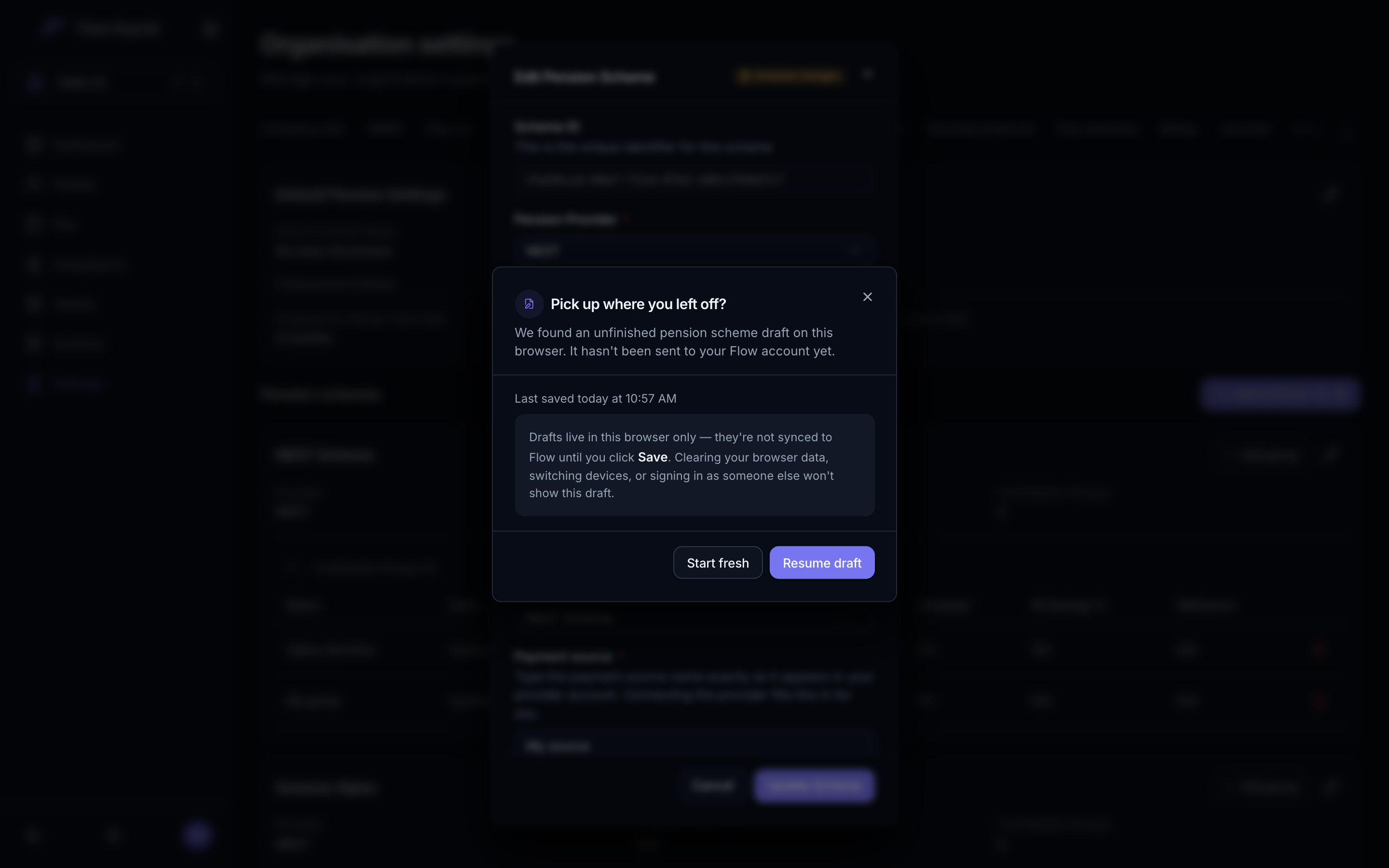 The pension scheme dialog with the NEST connection selected under Send to NEST directly, the Import from NEST button, what NEST holds for this employer listing its worker groups and payment sources, and the When contributions are due field