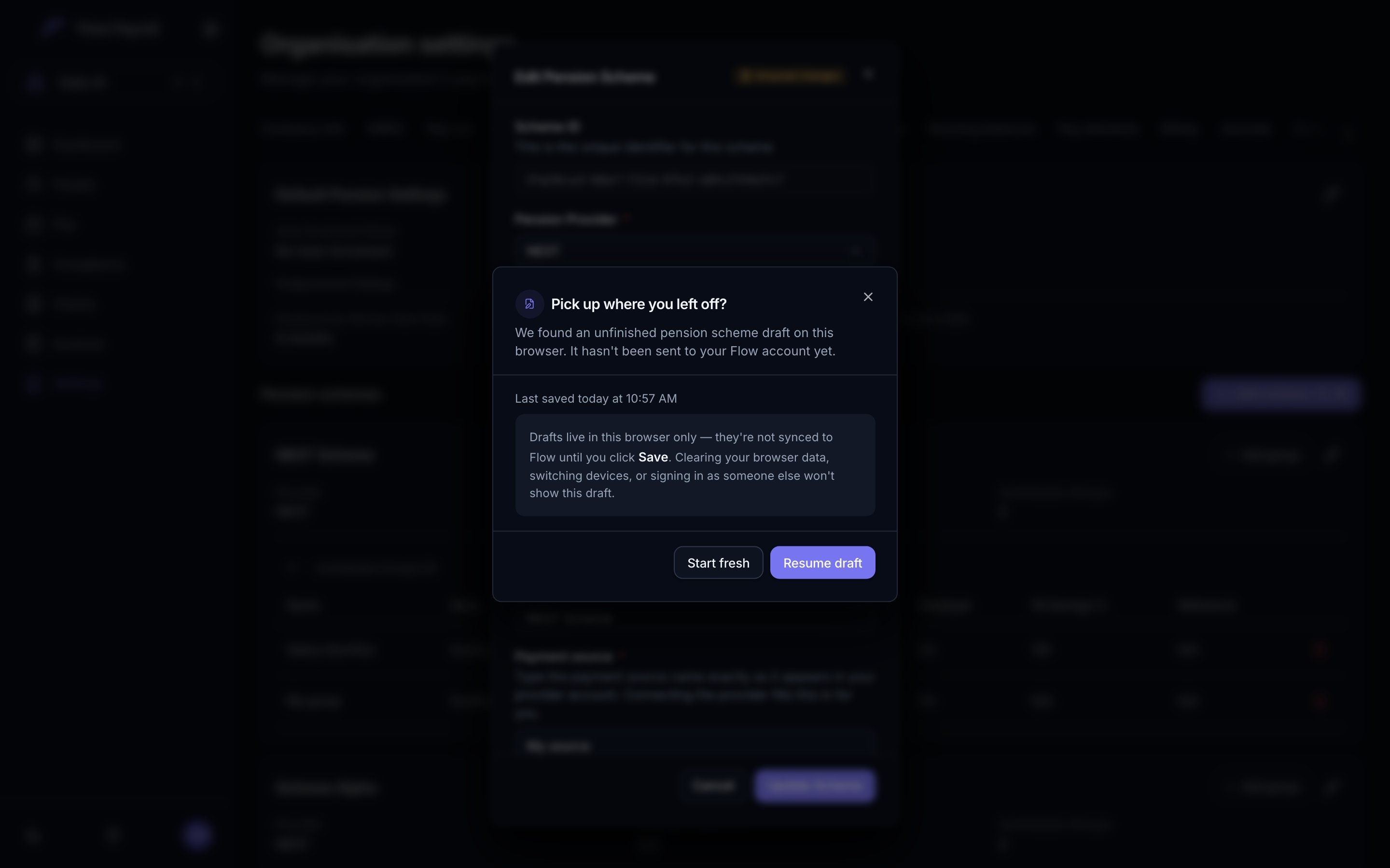 The pension scheme dialog with the NEST connection selected under Send to NEST directly, the Import from NEST button, what NEST holds for this employer listing its worker groups and payment sources, and the When contributions are due field