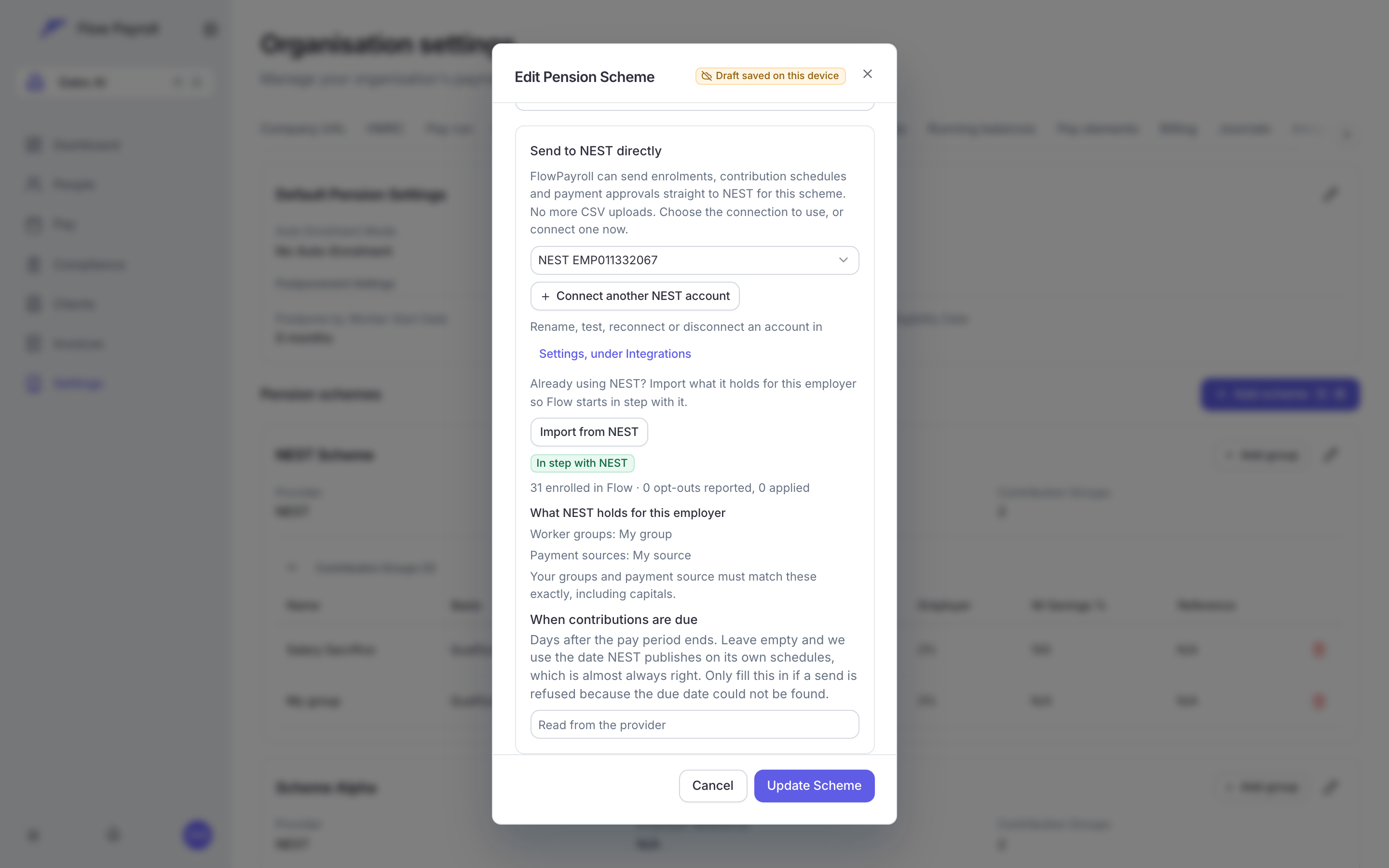 The pension scheme dialog with the NEST connection selected under Send to NEST directly, the Import from NEST button, what NEST holds for this employer listing its worker groups and payment sources, and the When contributions are due field