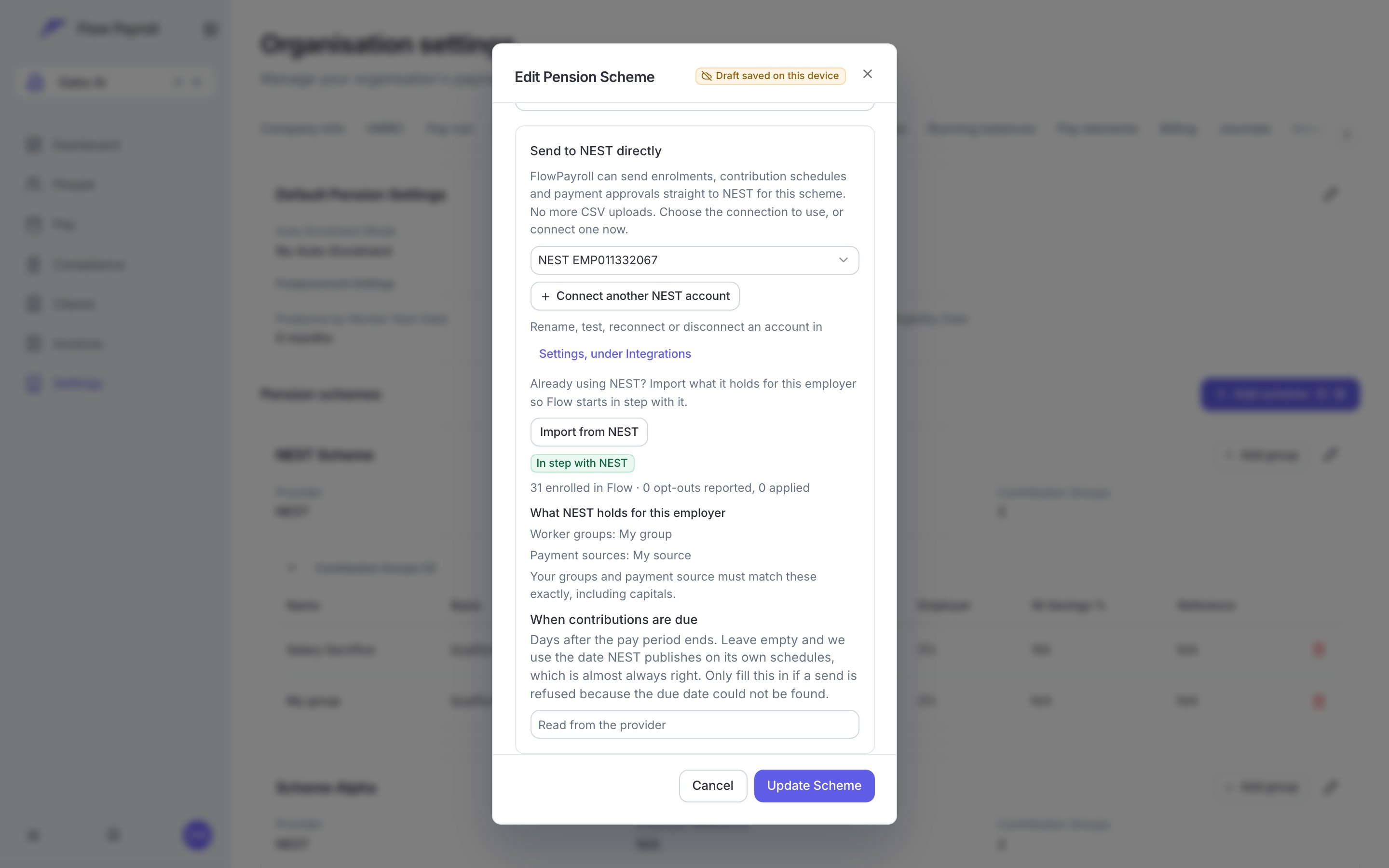 The pension scheme dialog with the NEST connection selected under Send to NEST directly, the Import from NEST button, what NEST holds for this employer listing its worker groups and payment sources, and the When contributions are due field