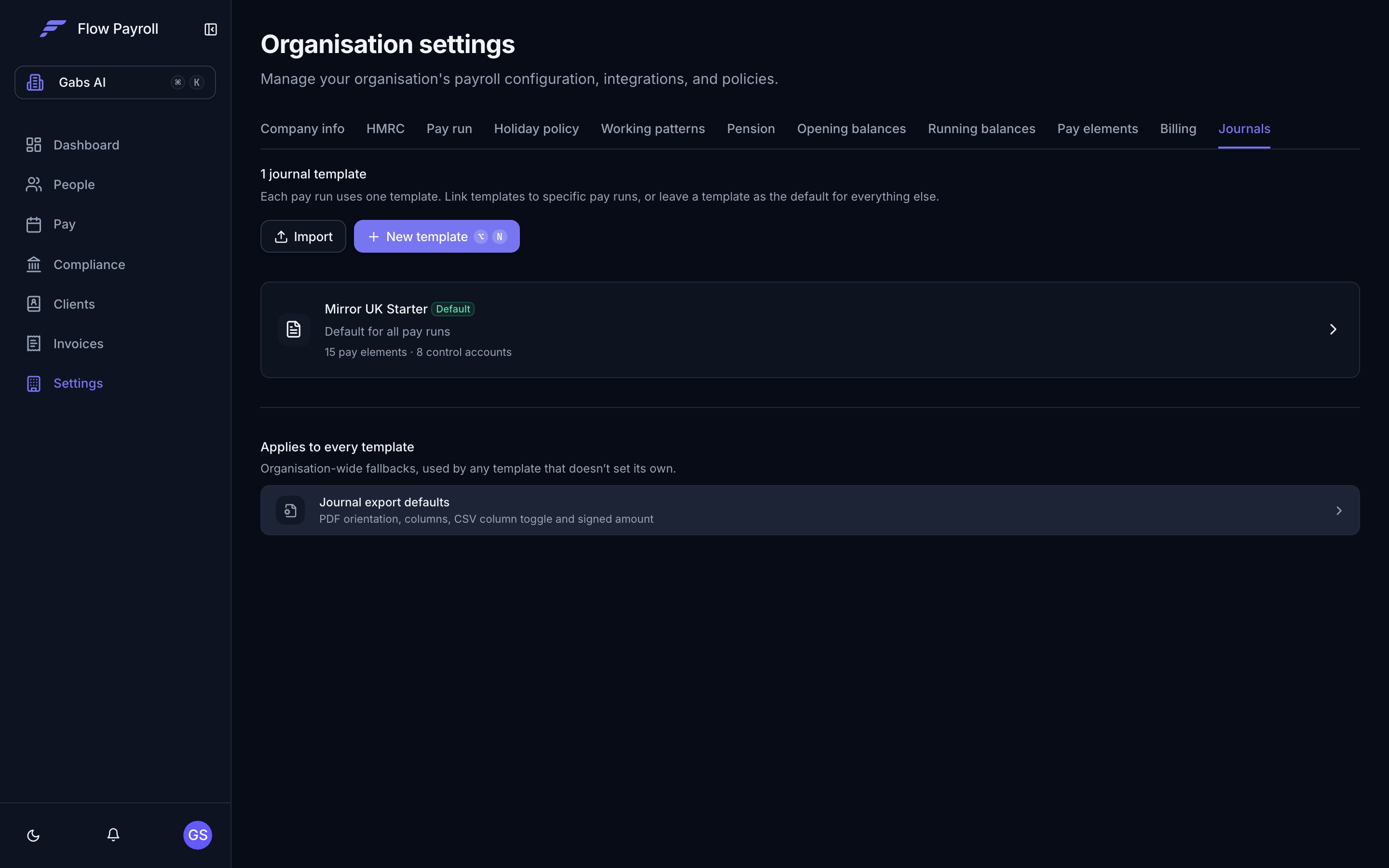 Journals tab in Workspace Settings