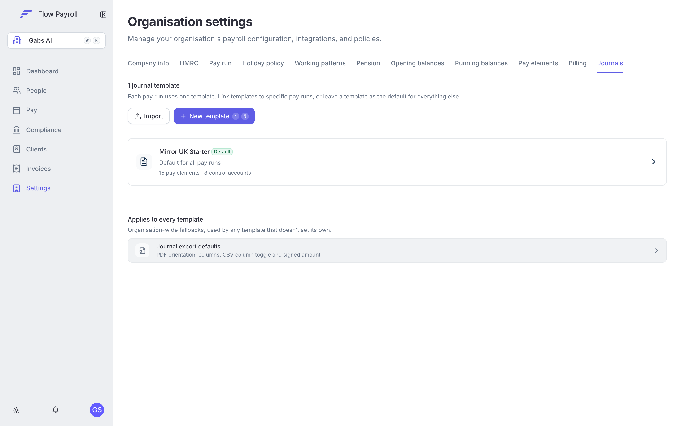 Journals tab in Workspace Settings
