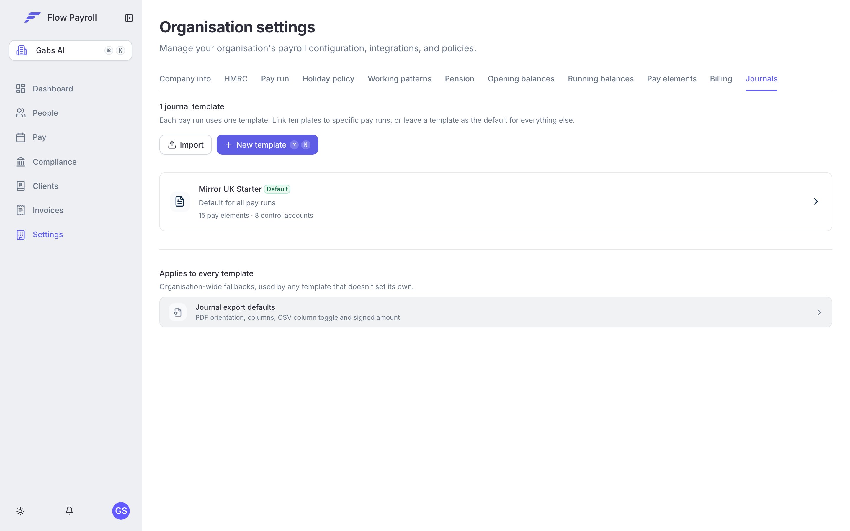Journals tab in Workspace Settings