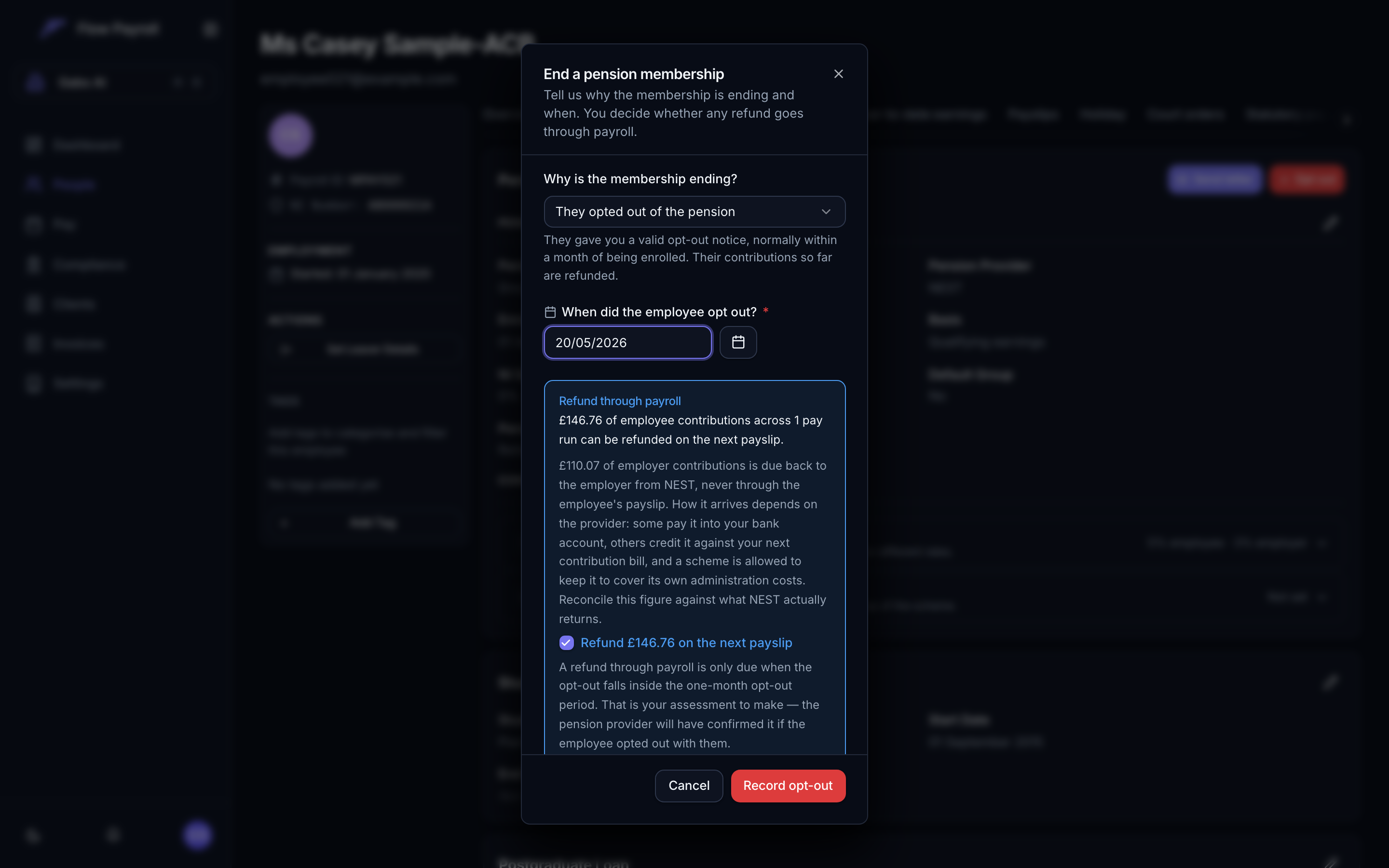 The End a pension membership dialog, showing why the membership is ending, the date it ended, the employee contributions that can be refunded on the next payslip, and the employer contributions due back from the pension provider