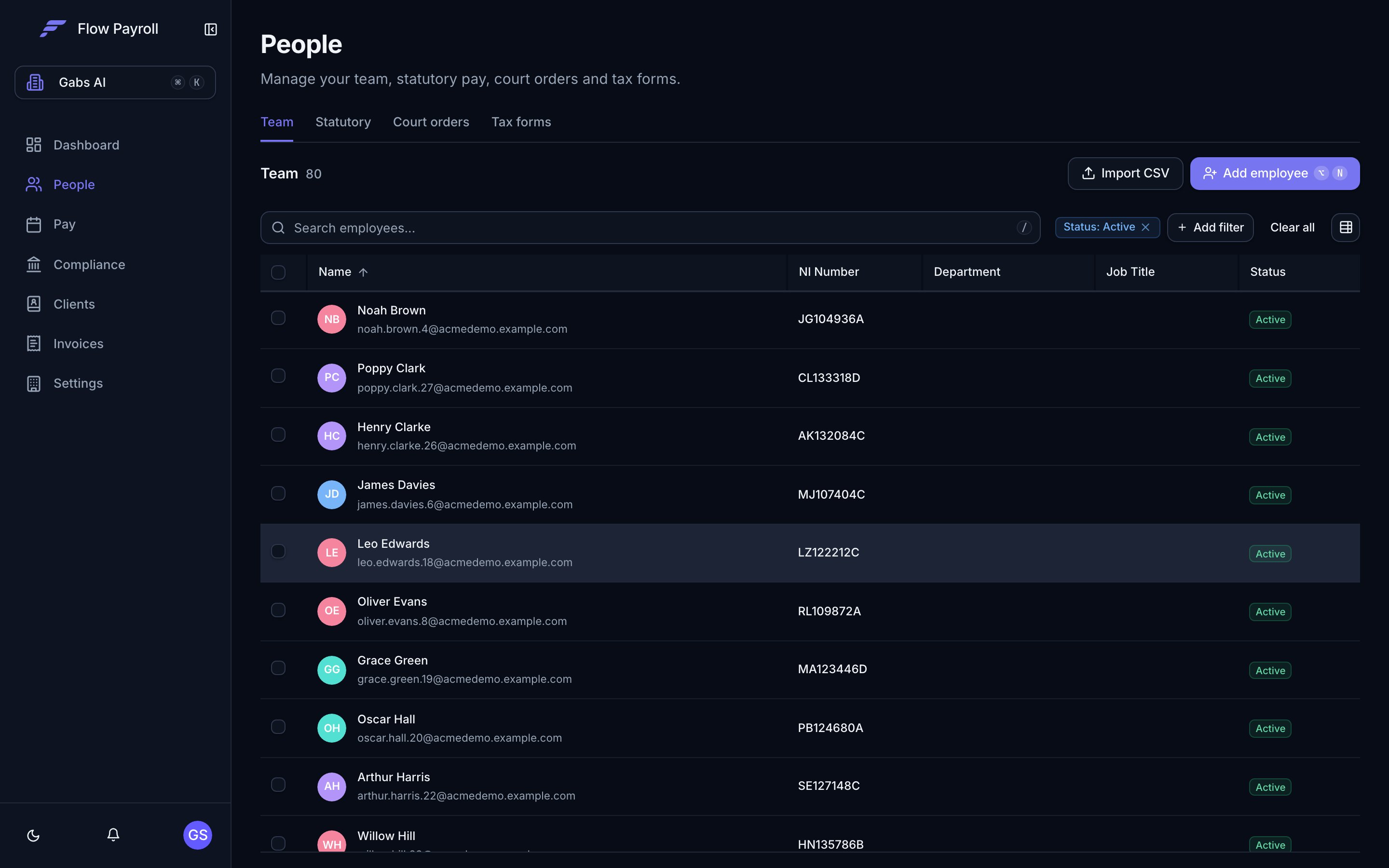 People section — team list