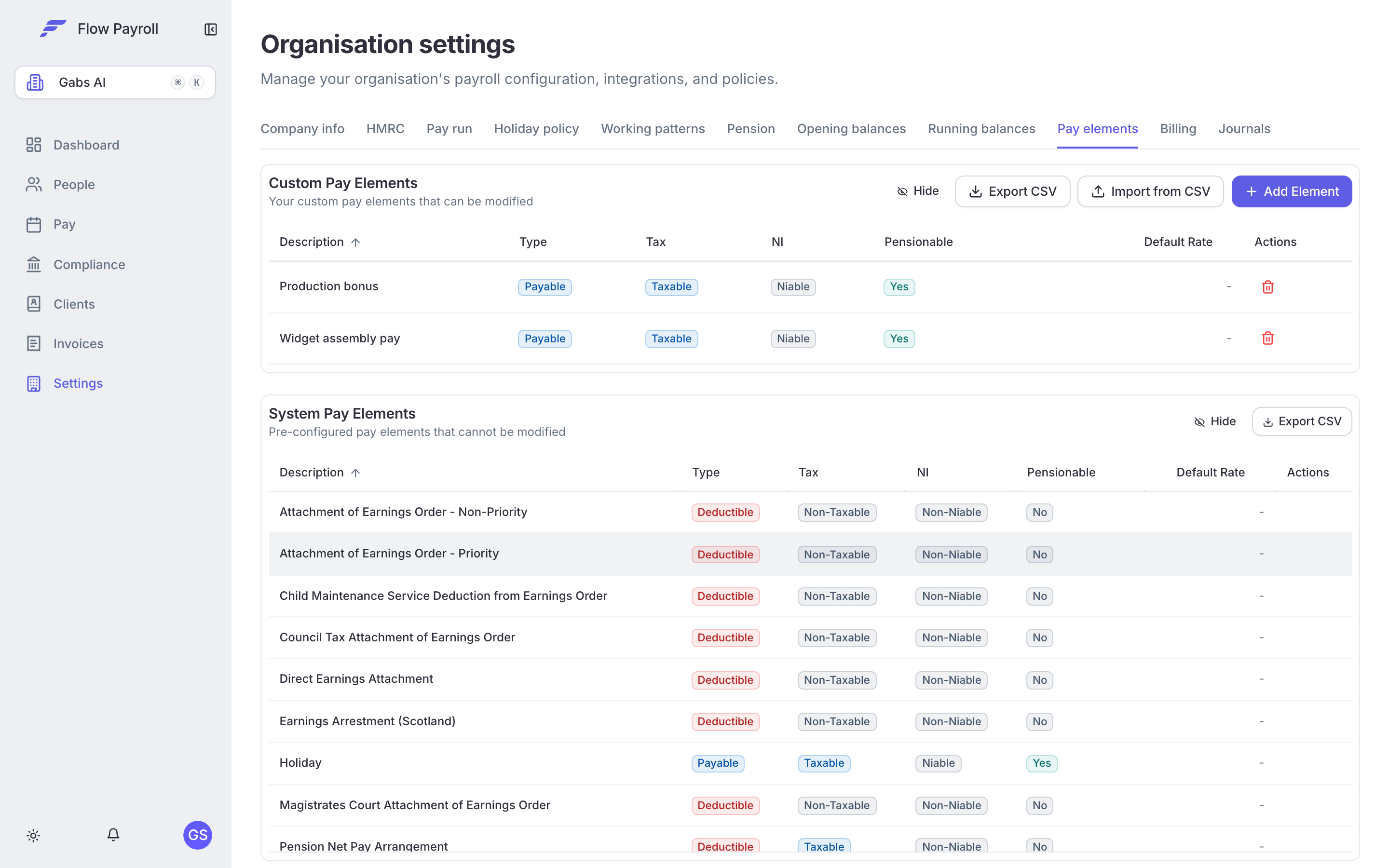 Pay elements tab in Workspace settings
