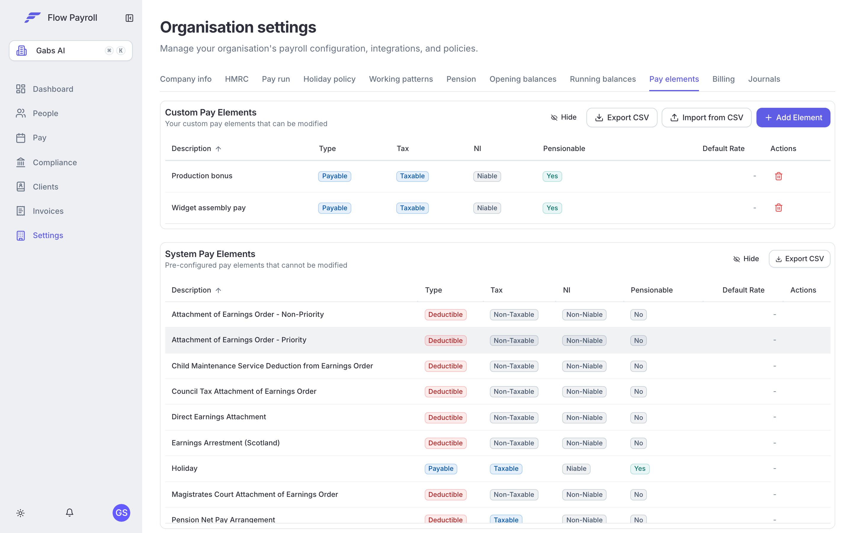 Pay elements tab in Workspace settings