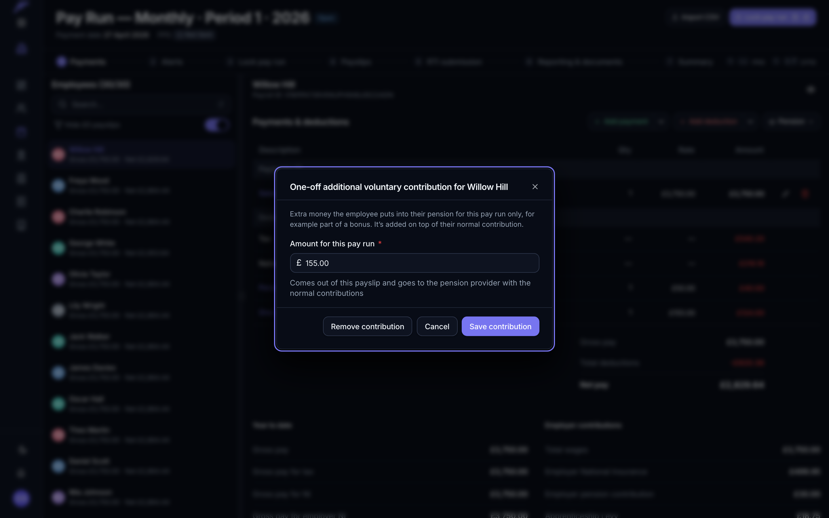 The one-off additional voluntary contribution dialog, with an amount for this pay run