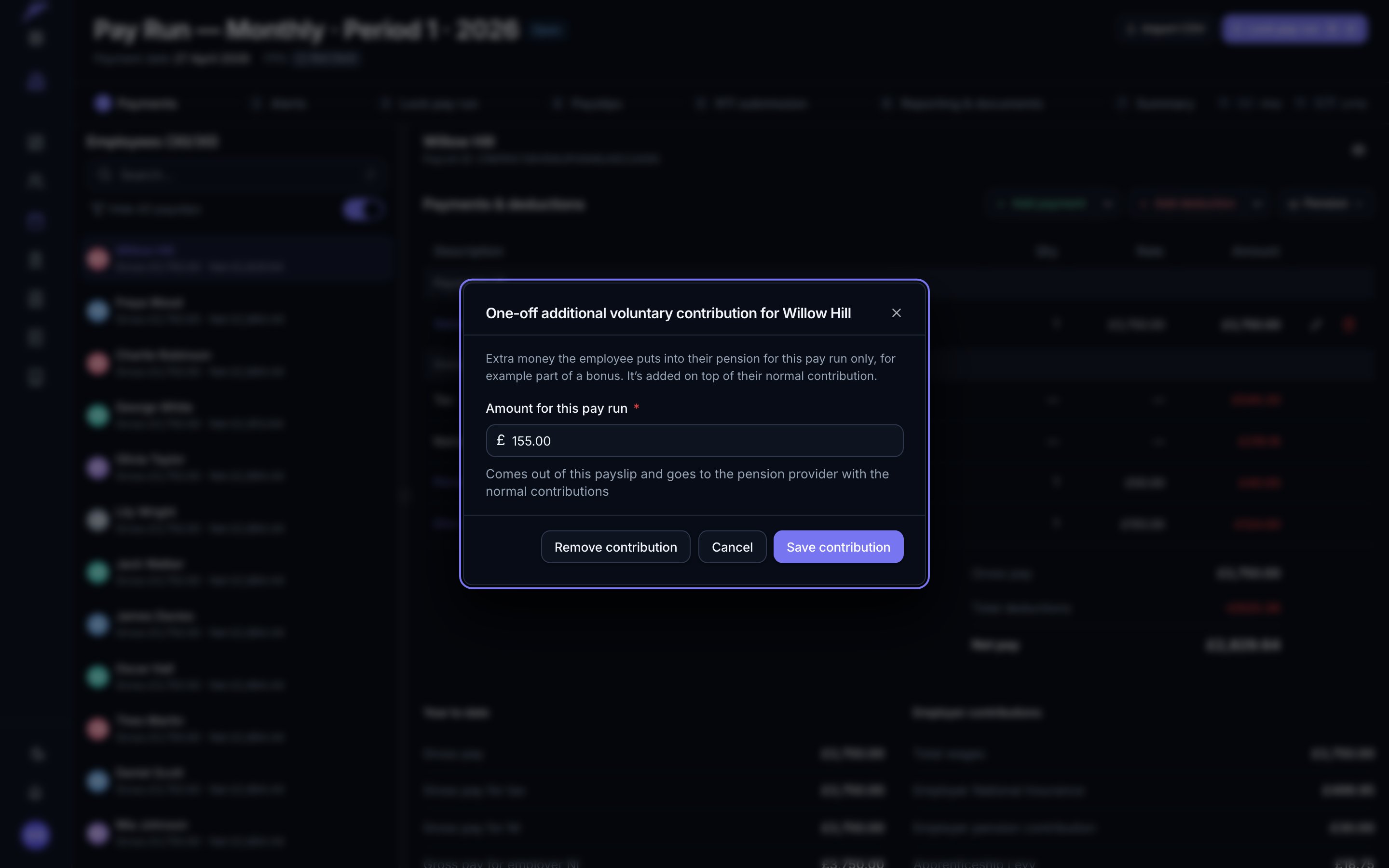 The one-off additional voluntary contribution dialog, with an amount for this pay run