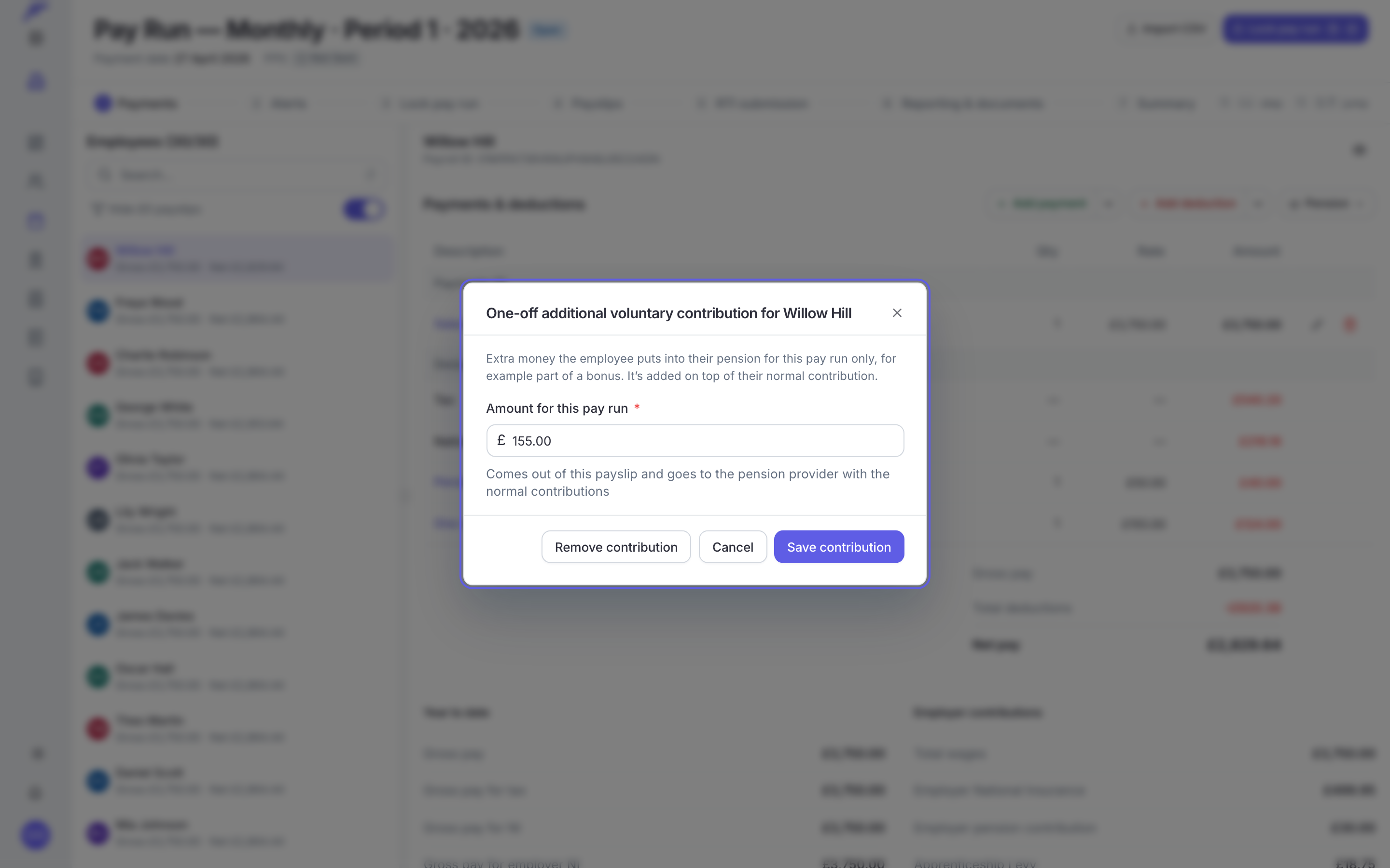 The one-off additional voluntary contribution dialog, with an amount for this pay run