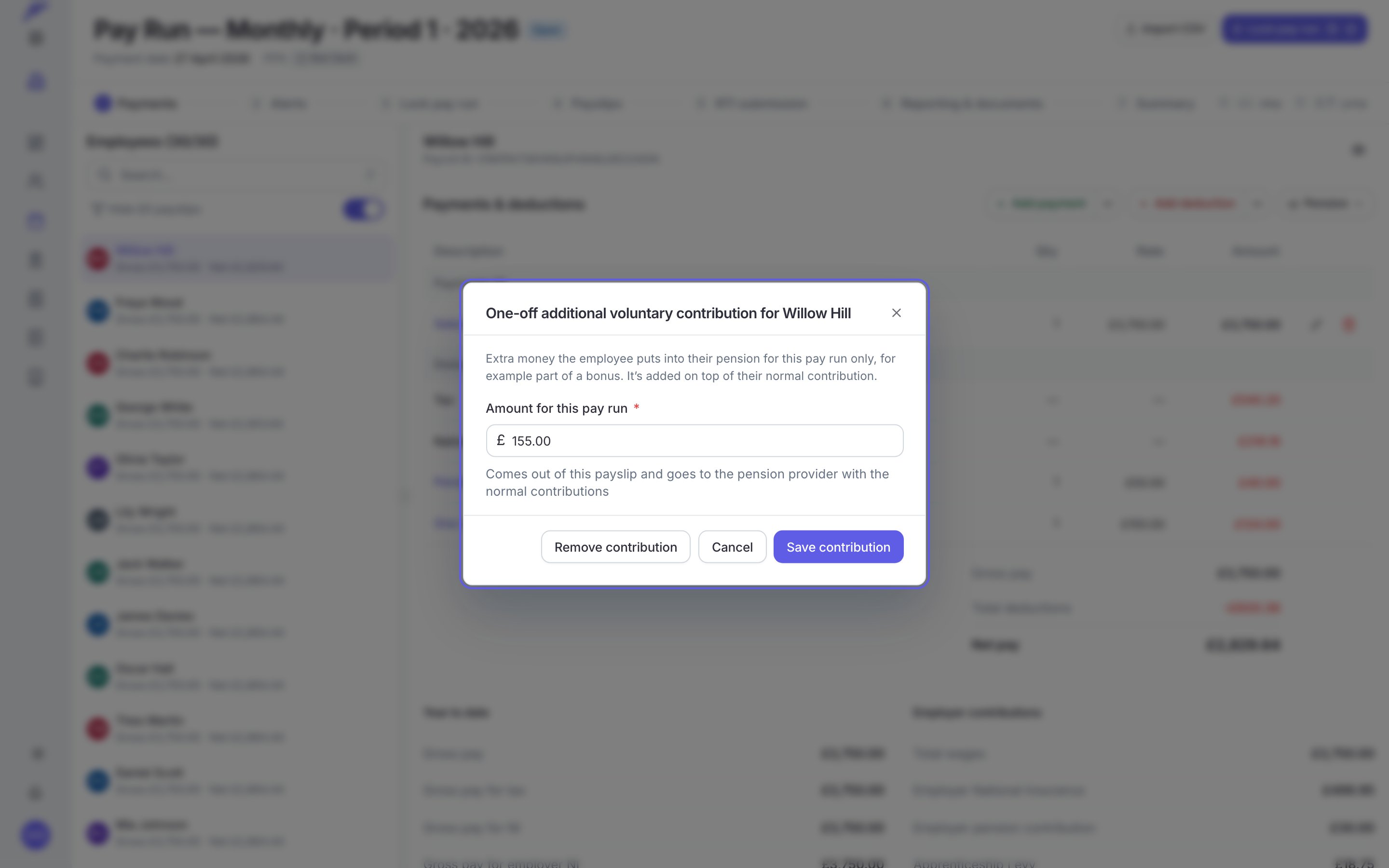 The one-off additional voluntary contribution dialog, with an amount for this pay run