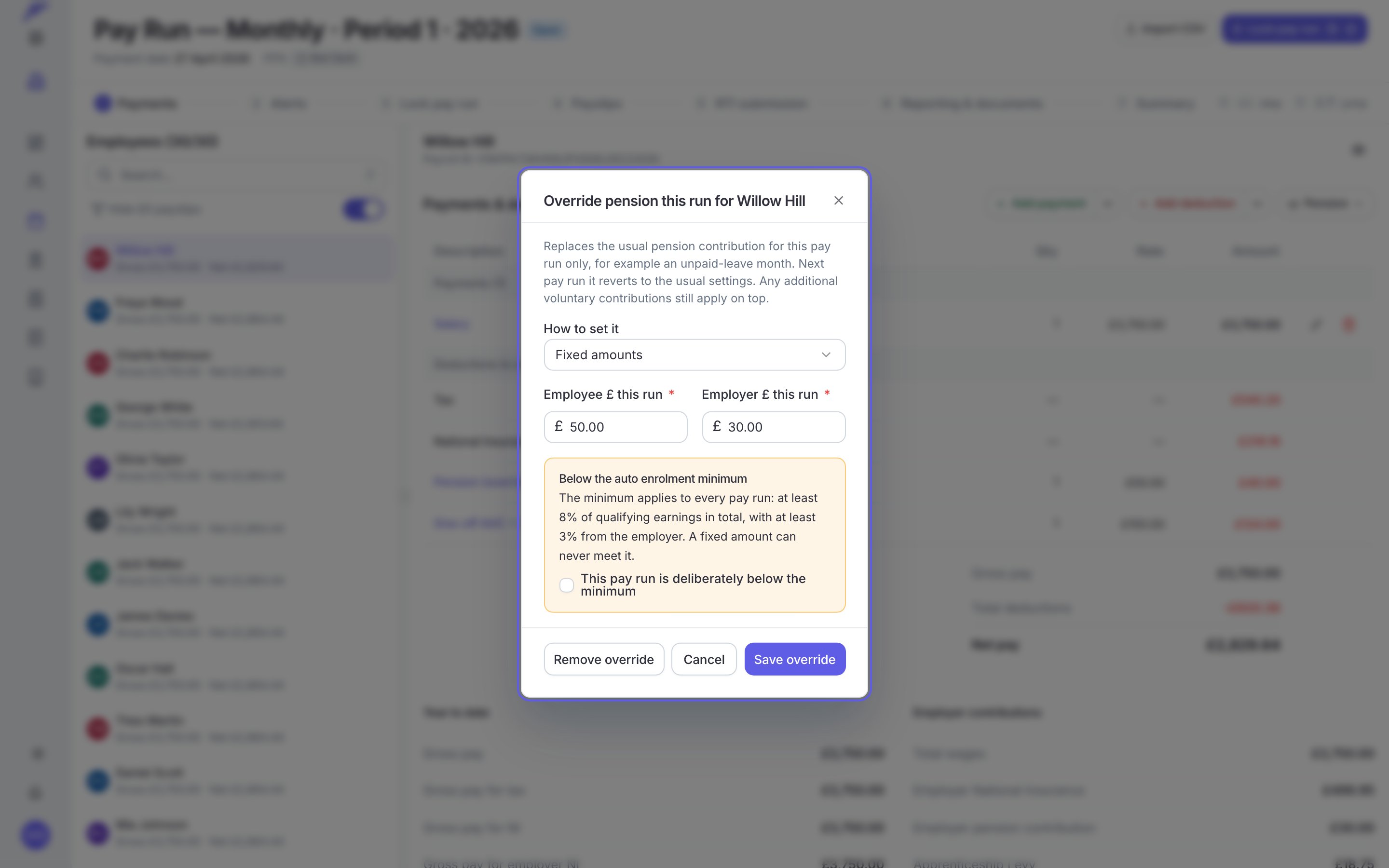 The override dialog, with employee and employer amounts for this run and a warning that the figures are below the auto enrolment minimum