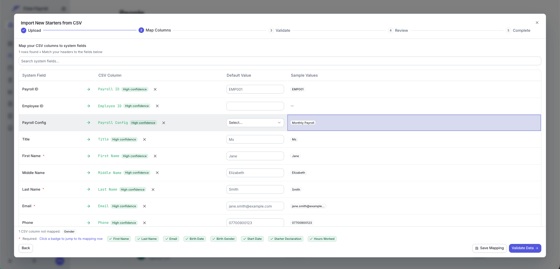 Map Columns step of the employee import with confidence badges