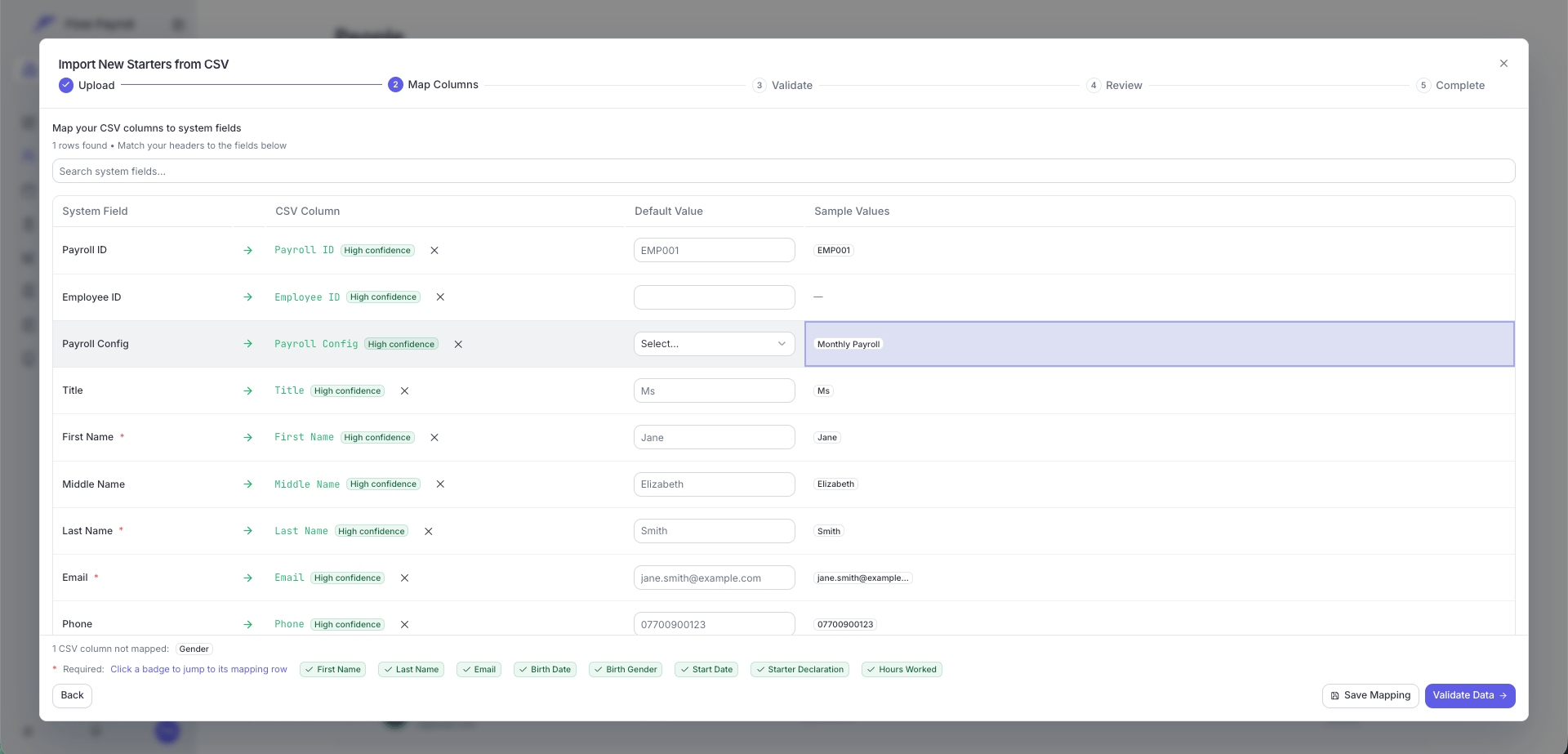 Map Columns step of the employee import with confidence badges