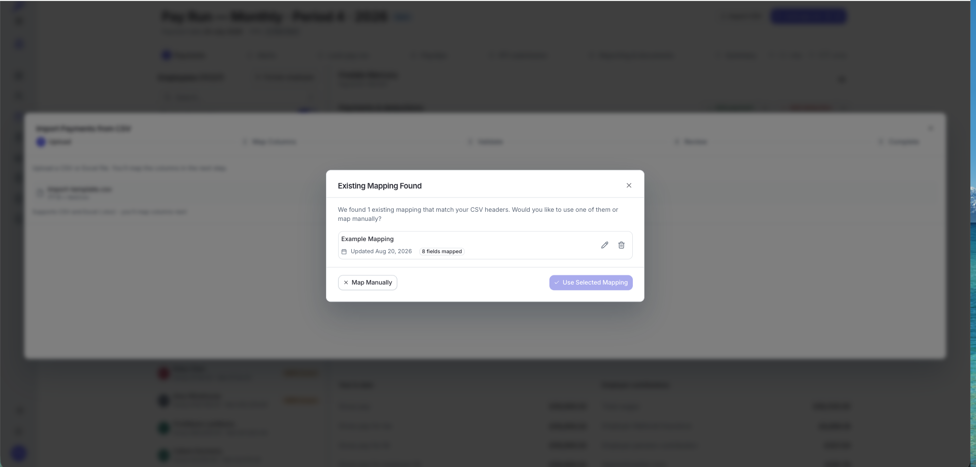 Existing Mapping Found dialog offering a saved mapping
