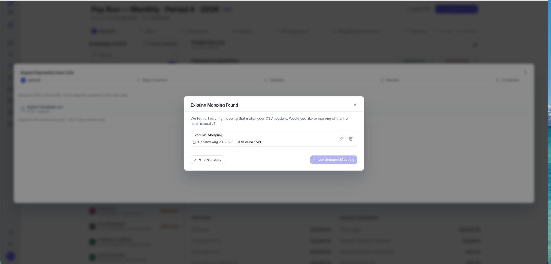 Existing Mapping Found dialog offering a saved mapping