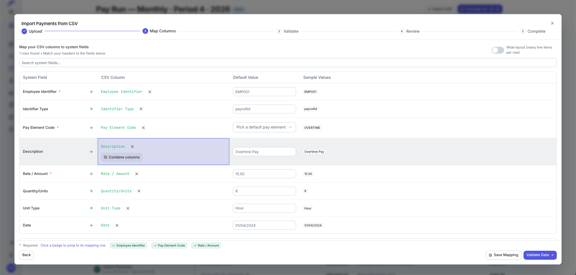 Map Columns step showing system fields, CSV columns, default values, and sample values