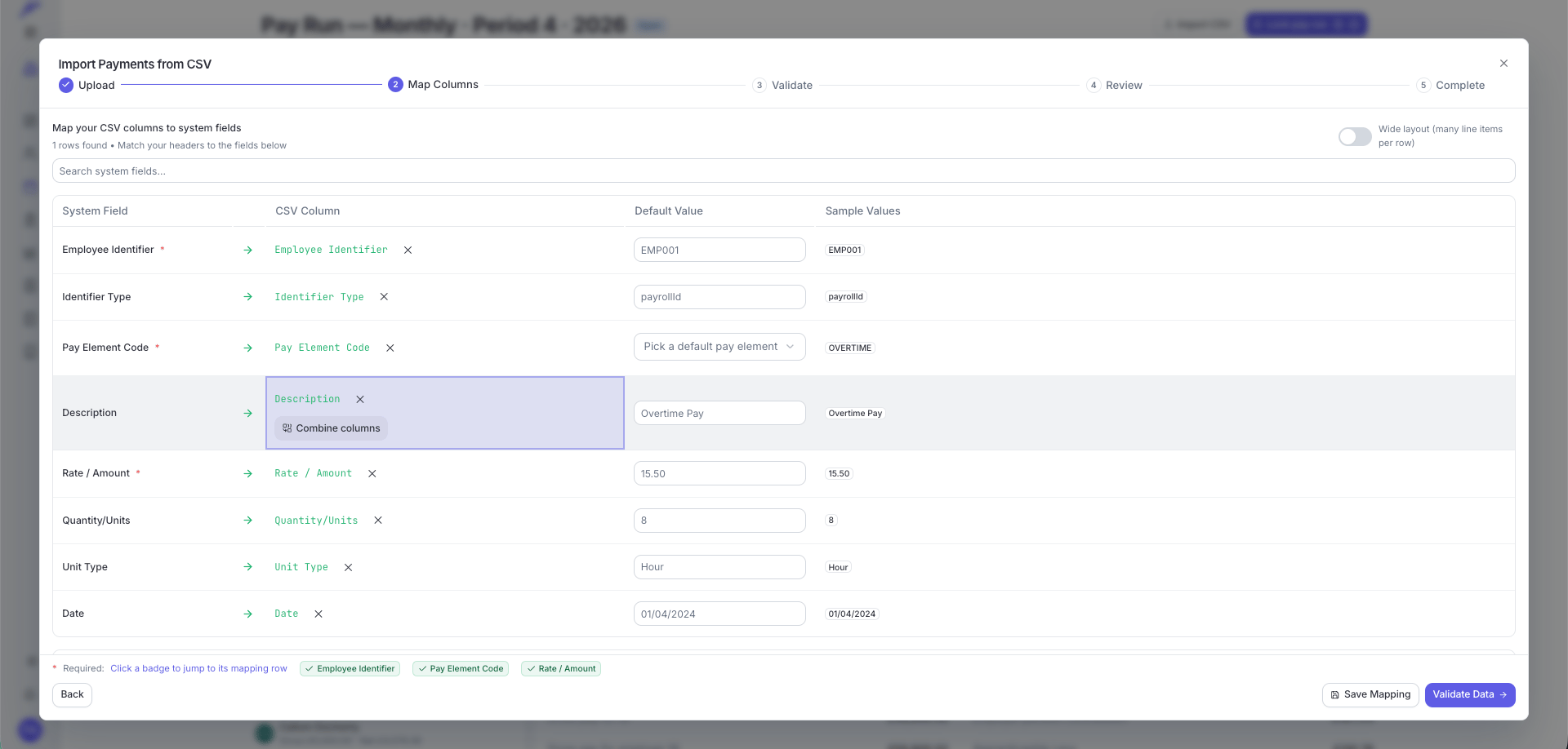 Map Columns step showing system fields, CSV columns, default values, and sample values