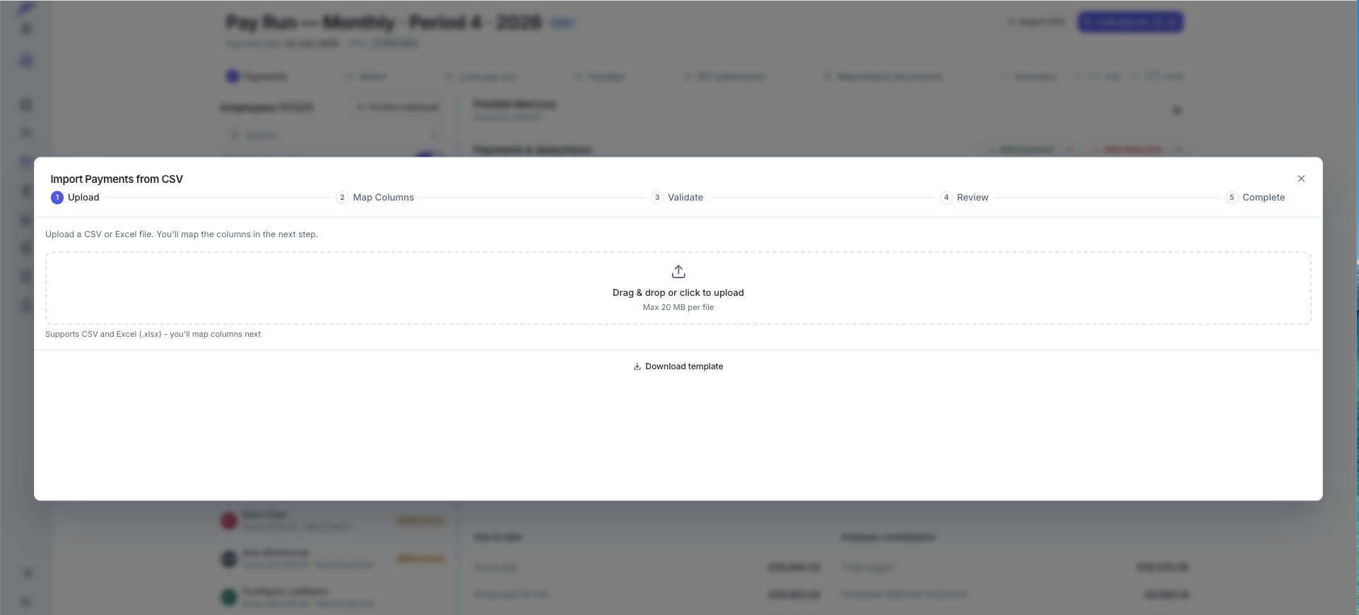 Import Payments from CSV modal open on a pay run