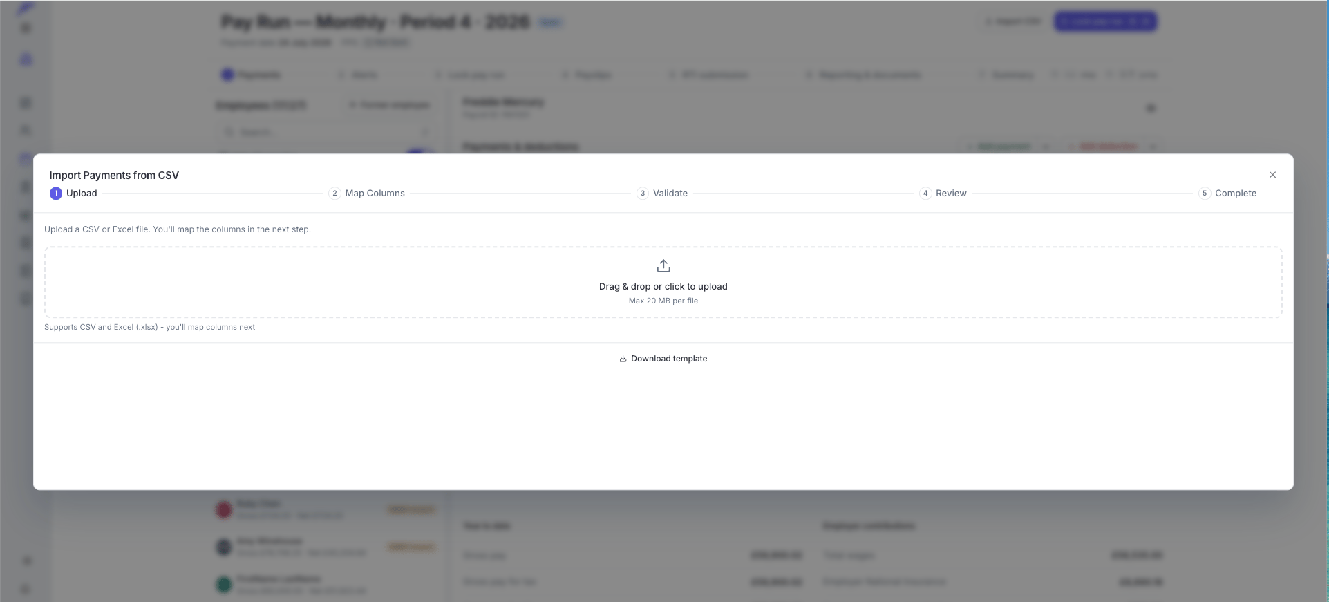 Import Payments from CSV modal open on a pay run
