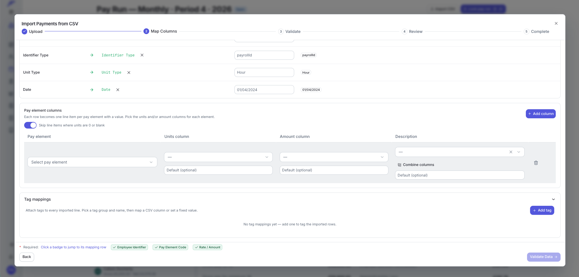 Tag mappings section of the payments import