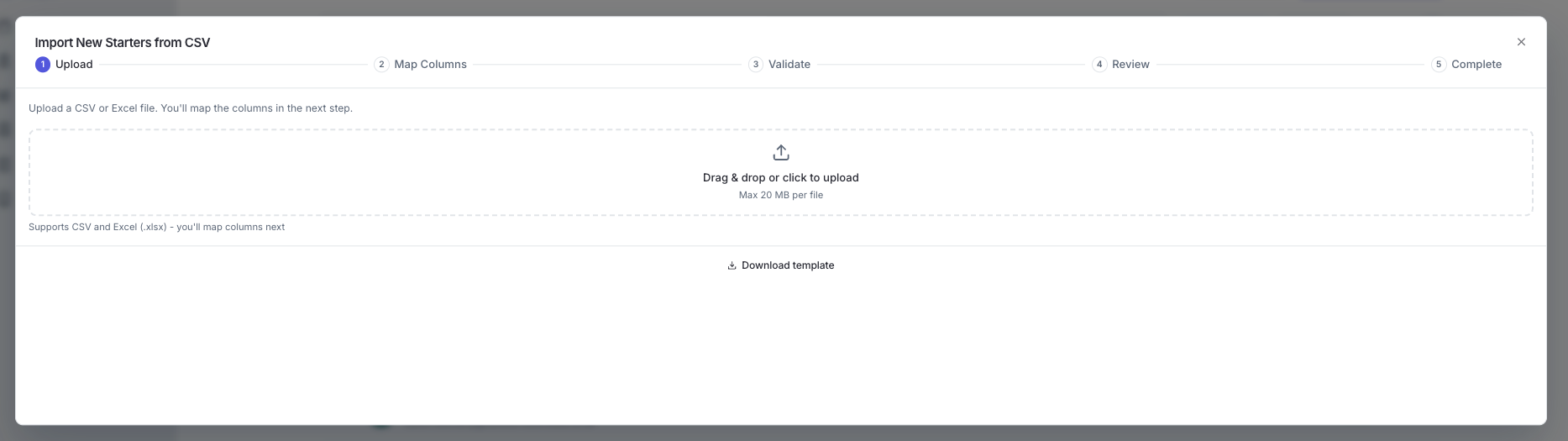 Upload step of the CSV import wizard