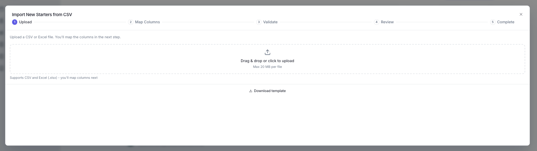 Upload step of the CSV import wizard