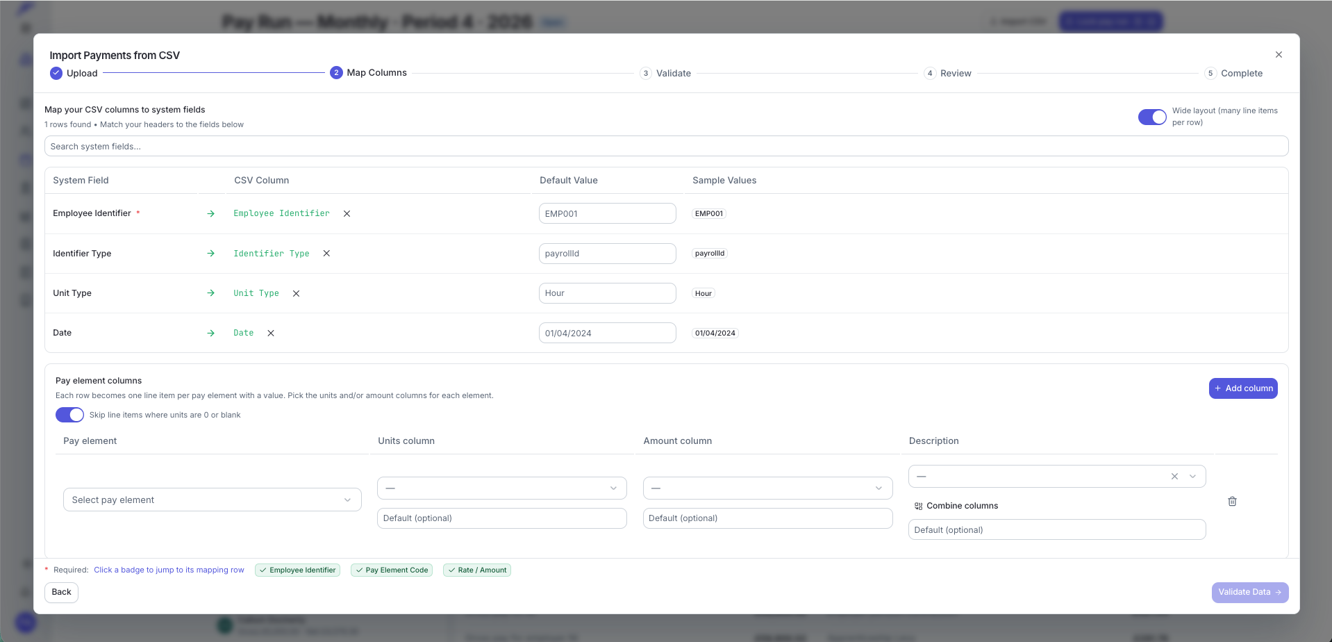 Wide layout mapping with the pay element columns panel