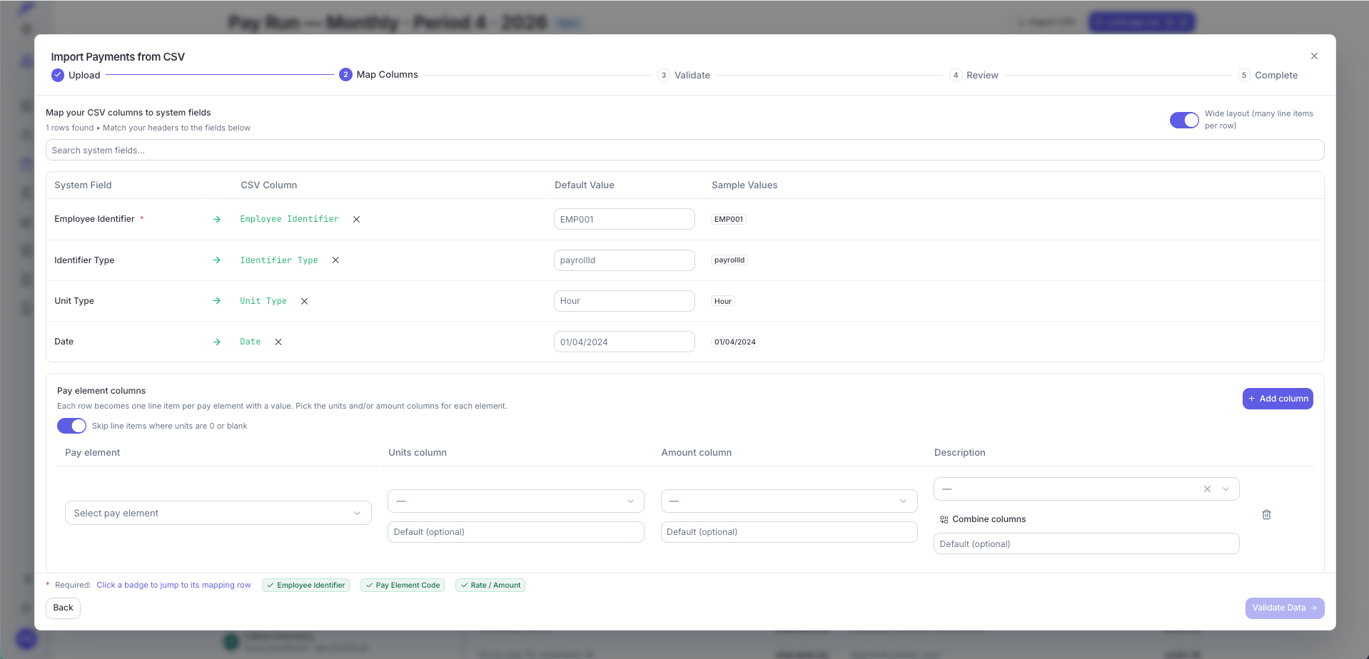 Wide layout mapping with the pay element columns panel