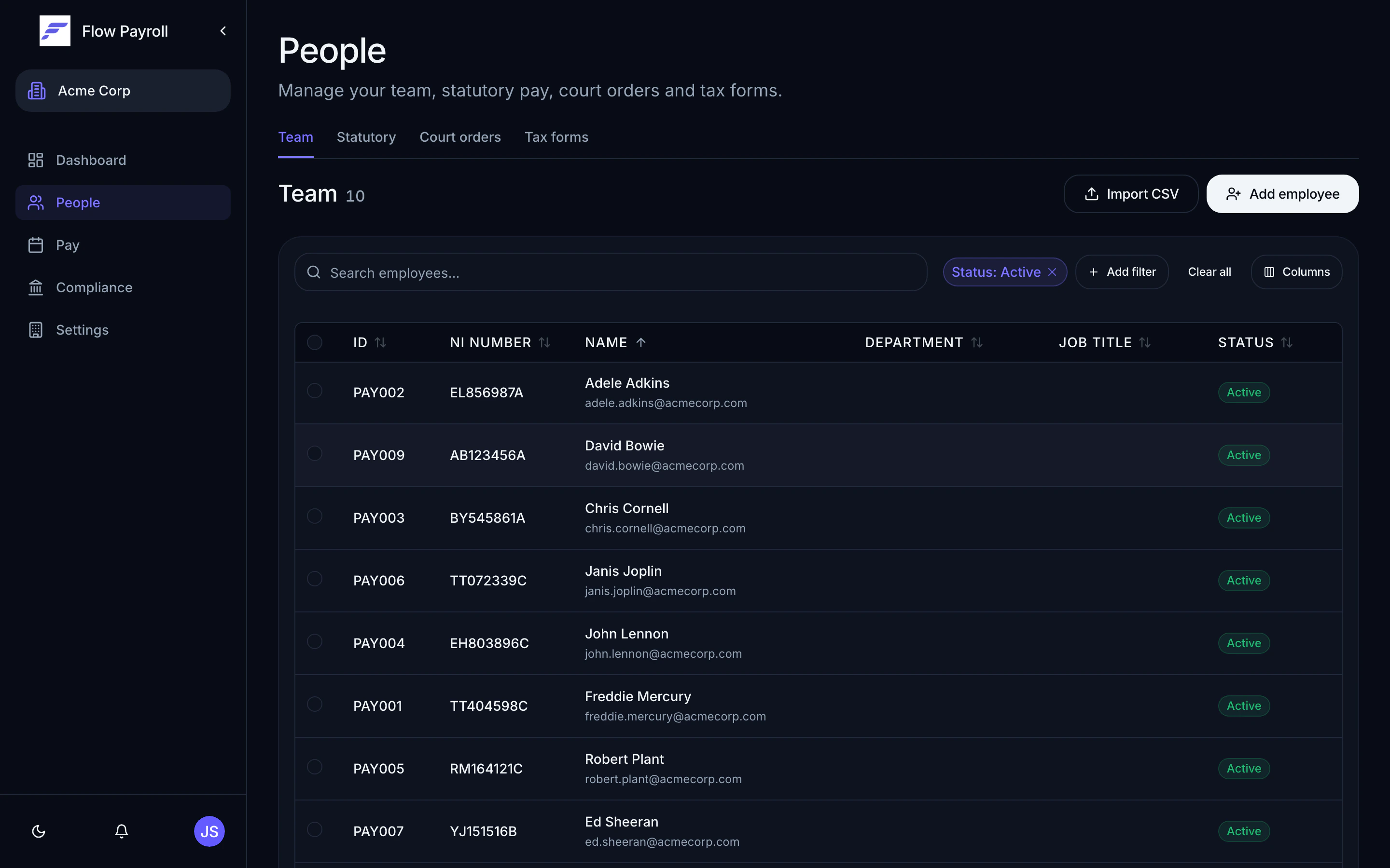 People section — team list