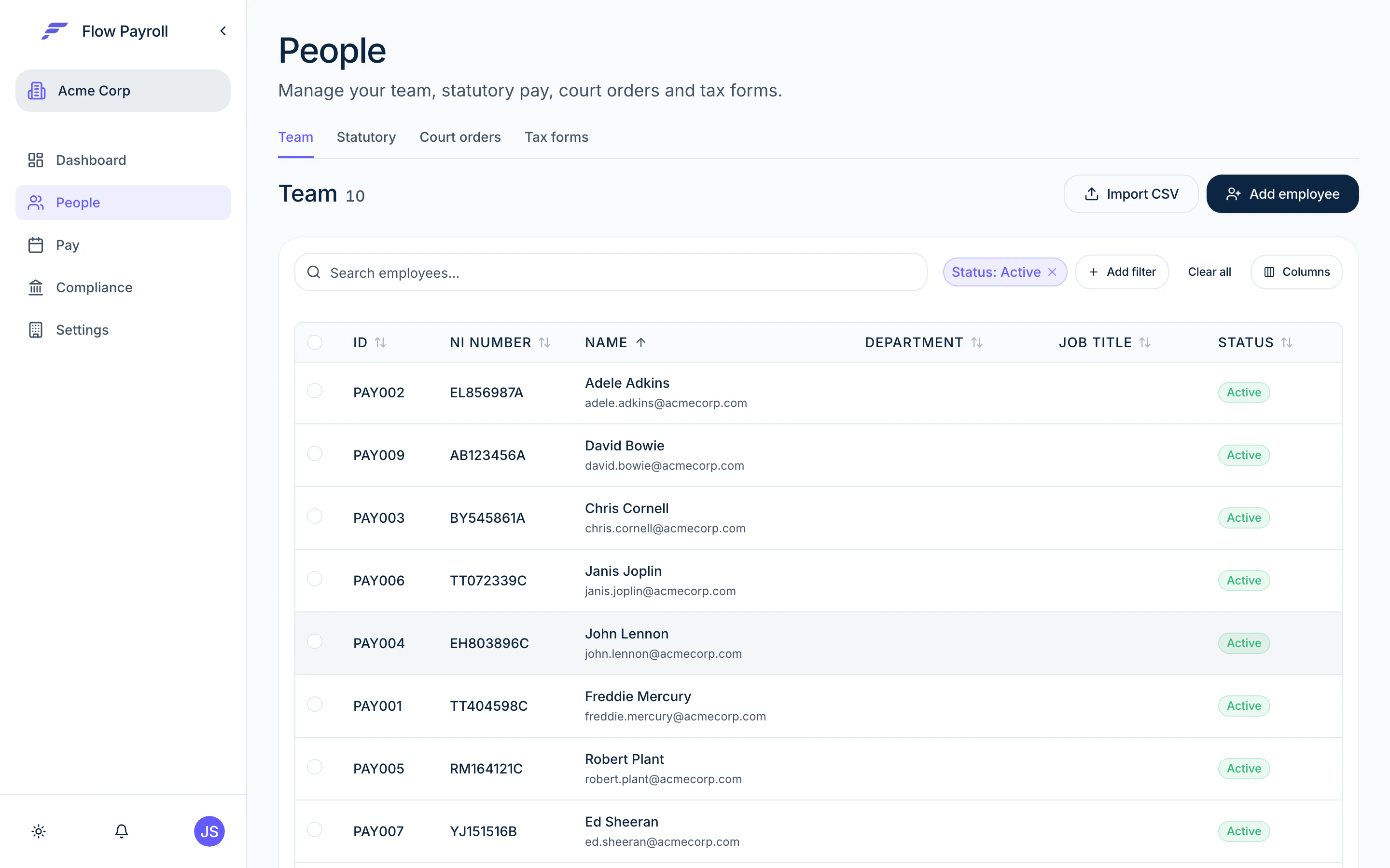 People section — team list