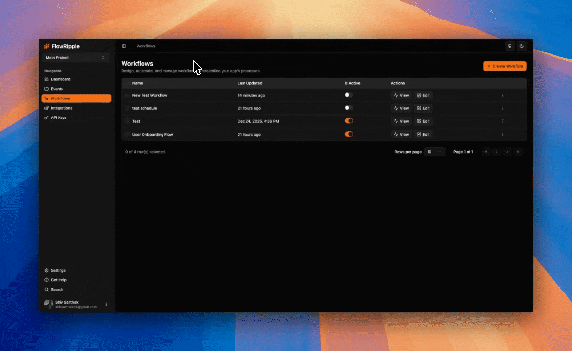 Animation showing the process of creating a new API key: navigating to API Keys section, clicking Create New Key button, entering a name, and copying the generated key