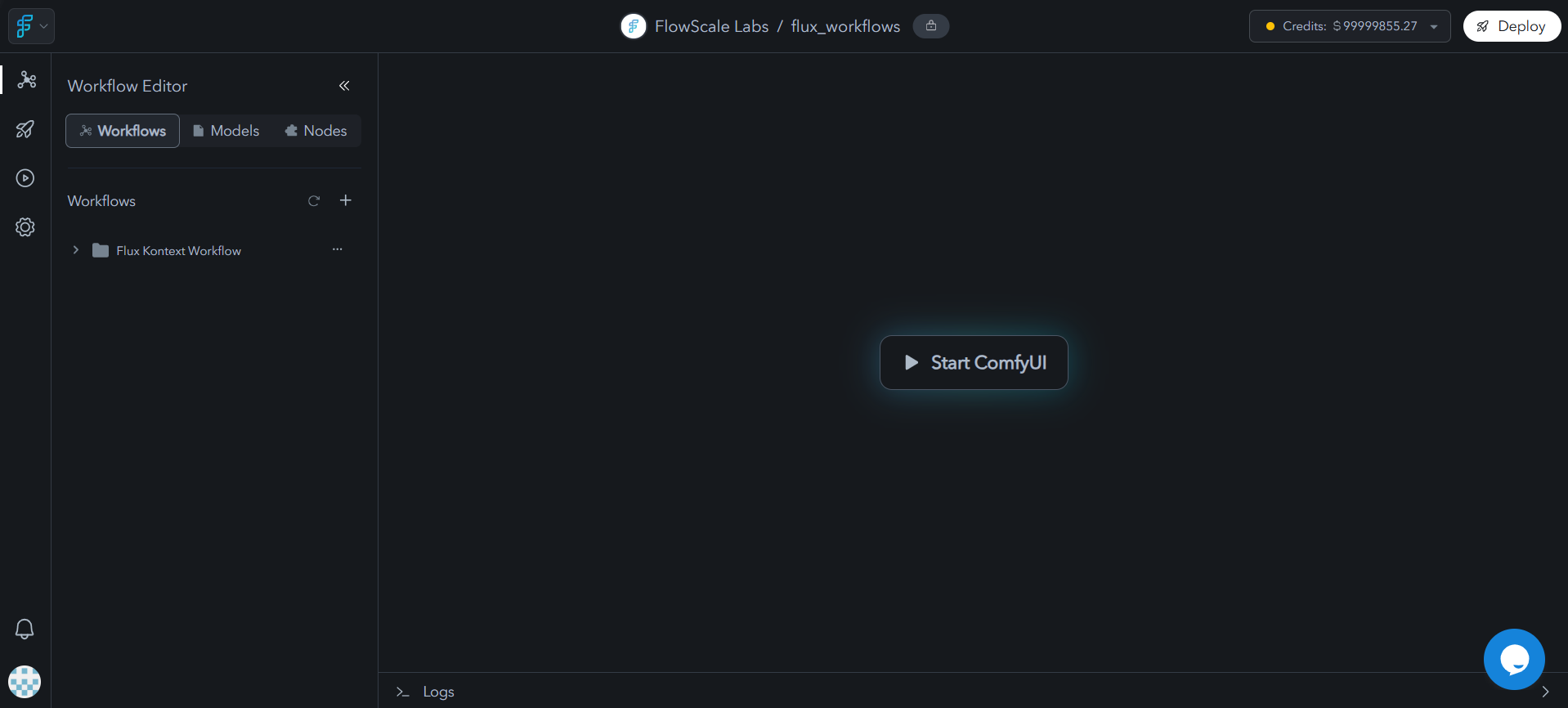 FlowScale ComfyUI Workspace showing the workflow editor on the left, ComfyUI interface on the right, and control buttons at the bottom