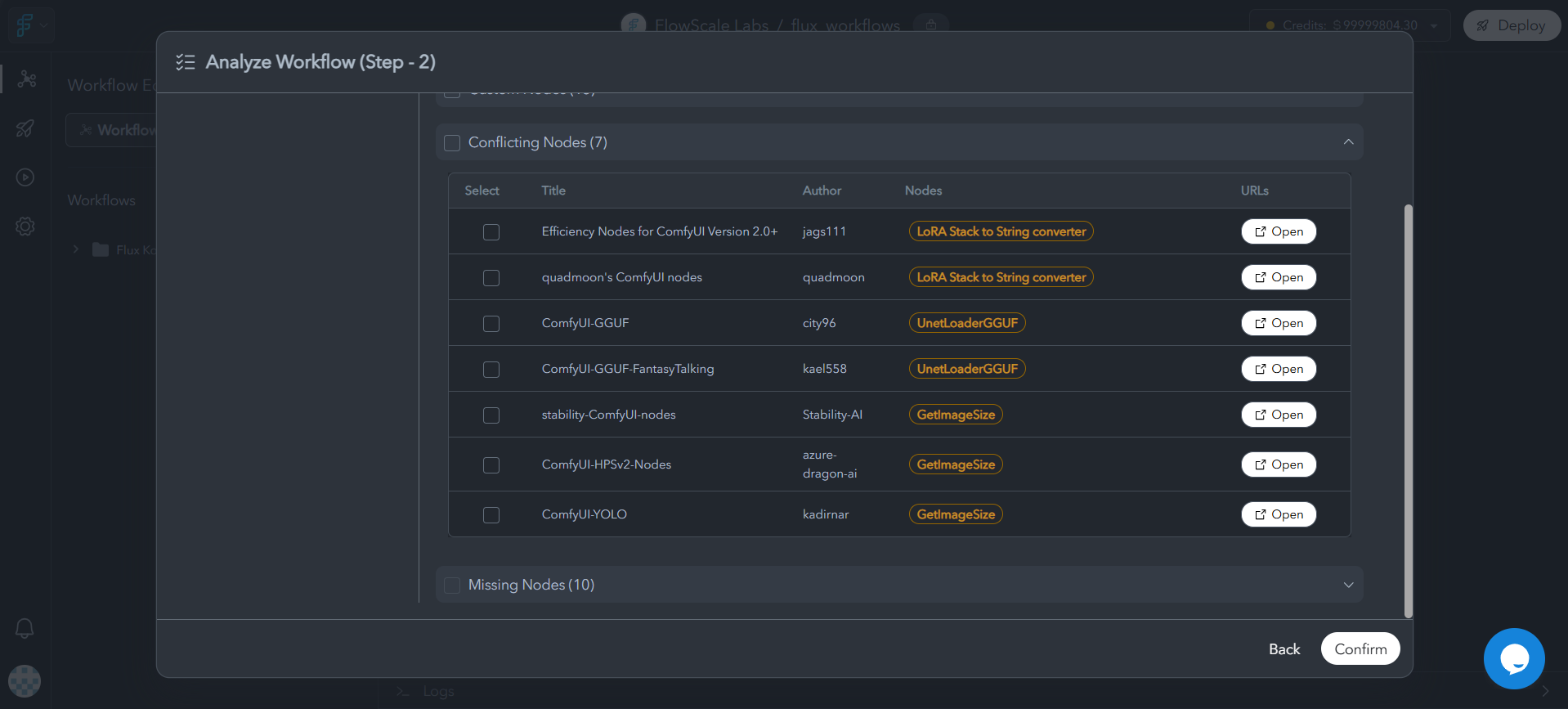 Detailed conflict resolution interface showing side-by-side comparison of conflicting node versions with recommendation badges, compatibility notes, and user selection options. Includes version numbers and source information