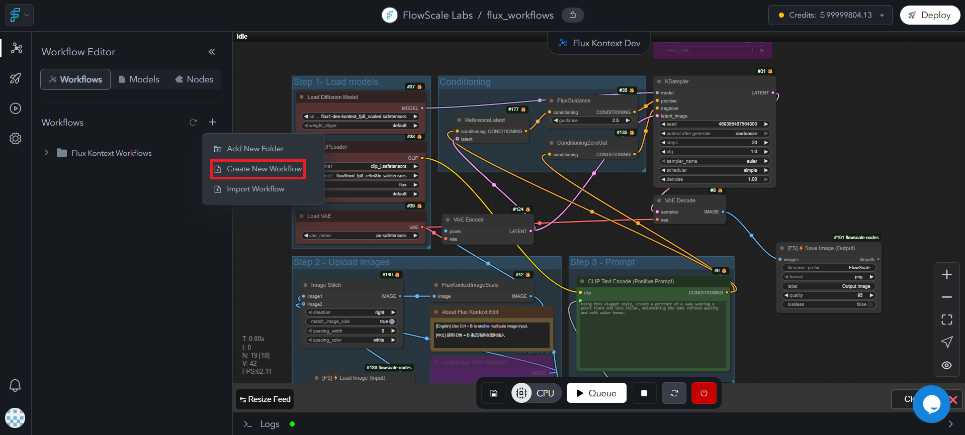Project dashboard with highlighted Create New Workflow button as alternative to importing, showing workflow templates and creation options