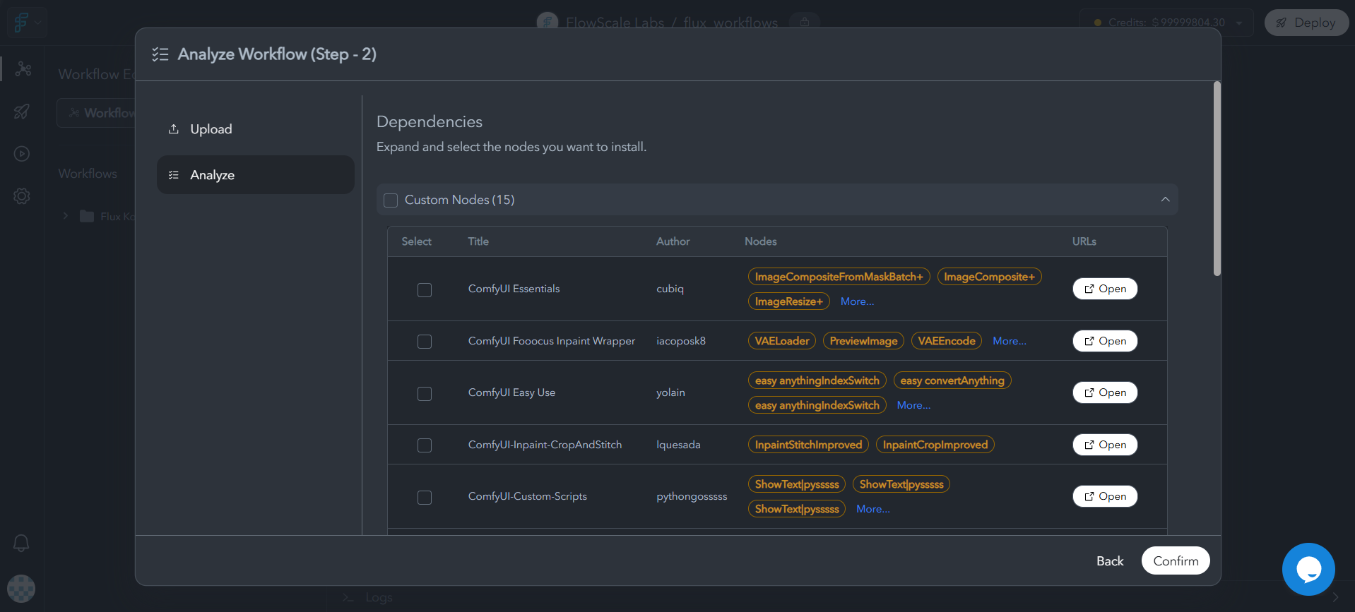 Interface showing automated detection of custom nodes with a list view displaying node names, sources (GitHub URLs), and status indicators (detected/verified/missing). Includes resolution options and dependency management tools