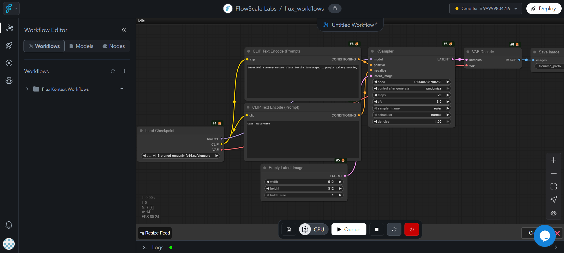 Full ComfyUI interface in CPU mode showing the node-based visual programming environment with sample workflow loaded, CPU mode indicator in top bar, and workspace tools/panels visible