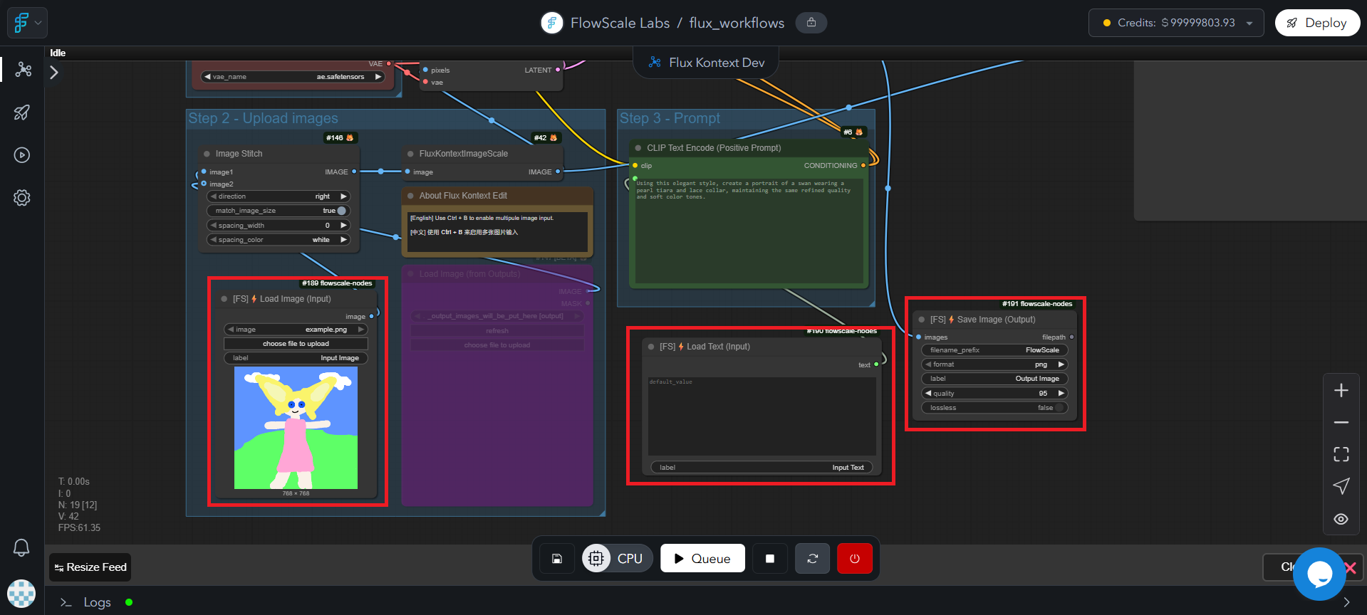 ComfyUI workspace showing FlowScale I/O nodes being added to workflow with connection preview and configuration options visible