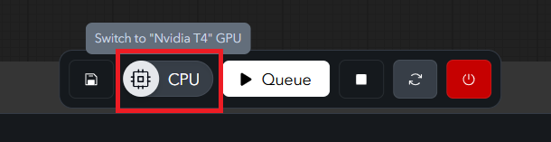Close-up of the ComfyUI actions bar highlighting the CPU/GPU mode toggle switch with clear visual states, resource usage indicators, and cost implications display