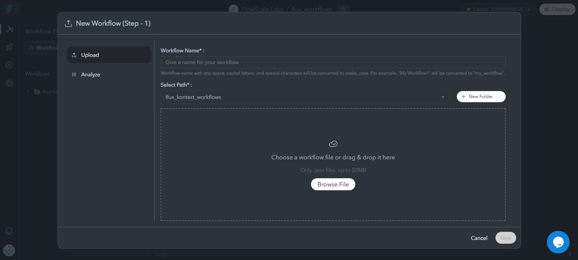 Modal dialog overlay showing the workflow import interface with drag-and-drop file upload area, supported file format information (.json), and clear upload instructions. Includes progress indicator and file validation messaging