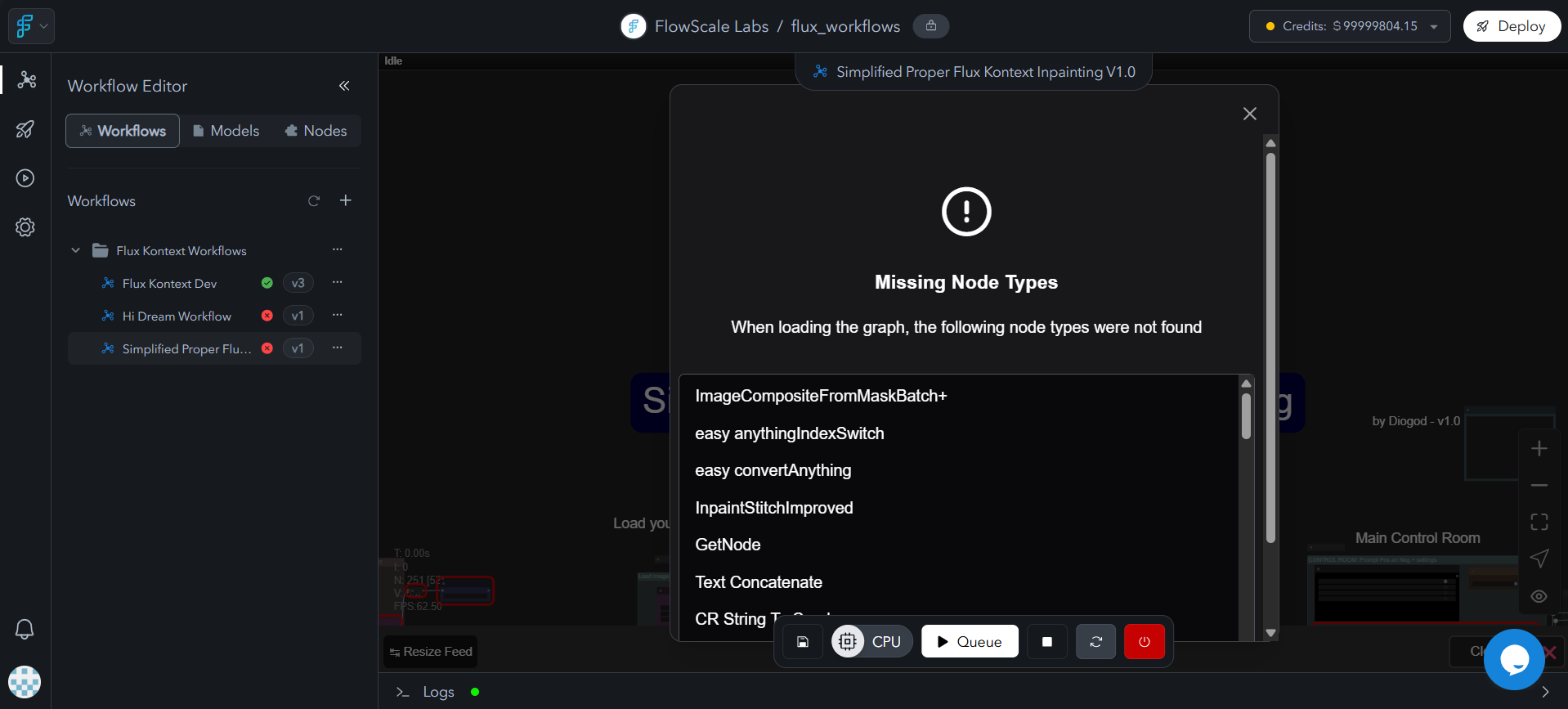 Error modal showing missing model notification with specific model names, suggested resolution actions, and links to model management tools. Clear error messaging with actionable next steps