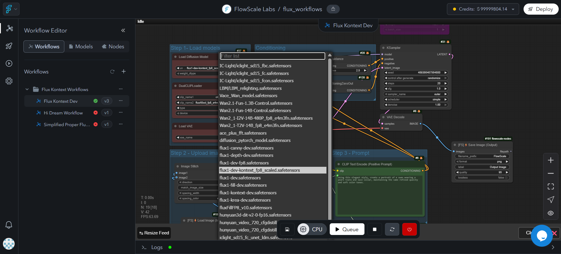 ComfyUI workflow node with expanded dropdown menu showing available models, model categories, and selection interface. Highlights newly added models and compatibility indicators
