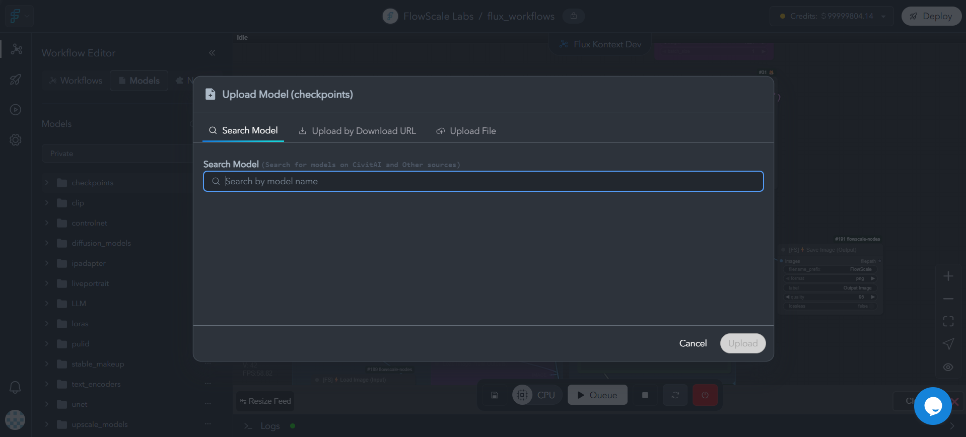 Tabbed interface showing multiple upload methods such as file upload, URL download, and model search. Includes progress tracking, validation, and metadata extraction features