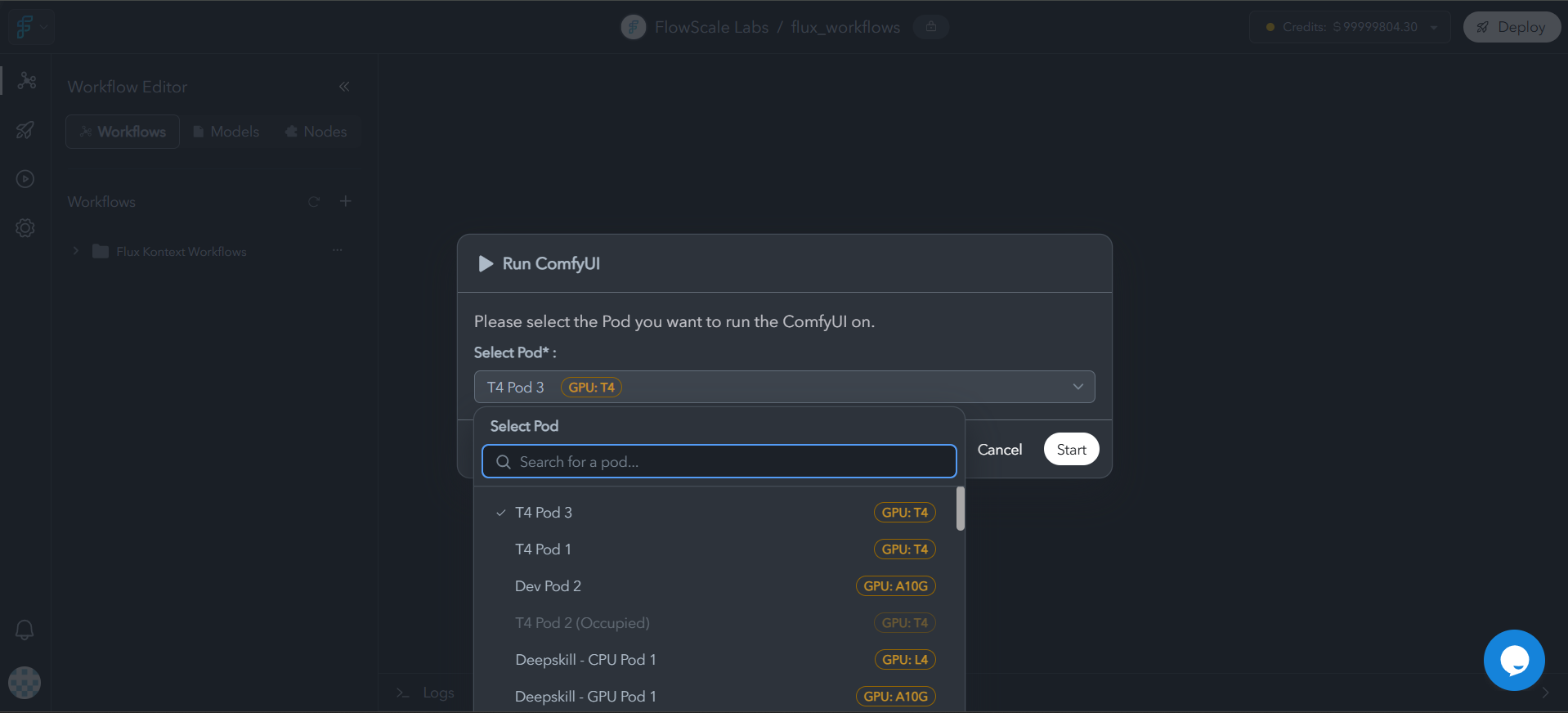 Modal dialog displaying available GPU pod options with detailed specifications (T4, A10G, L4, L40S, A100 40GB, A100 80GB, H100, H200, B200), pricing information, resource availability status, and performance recommendations for different workflow types