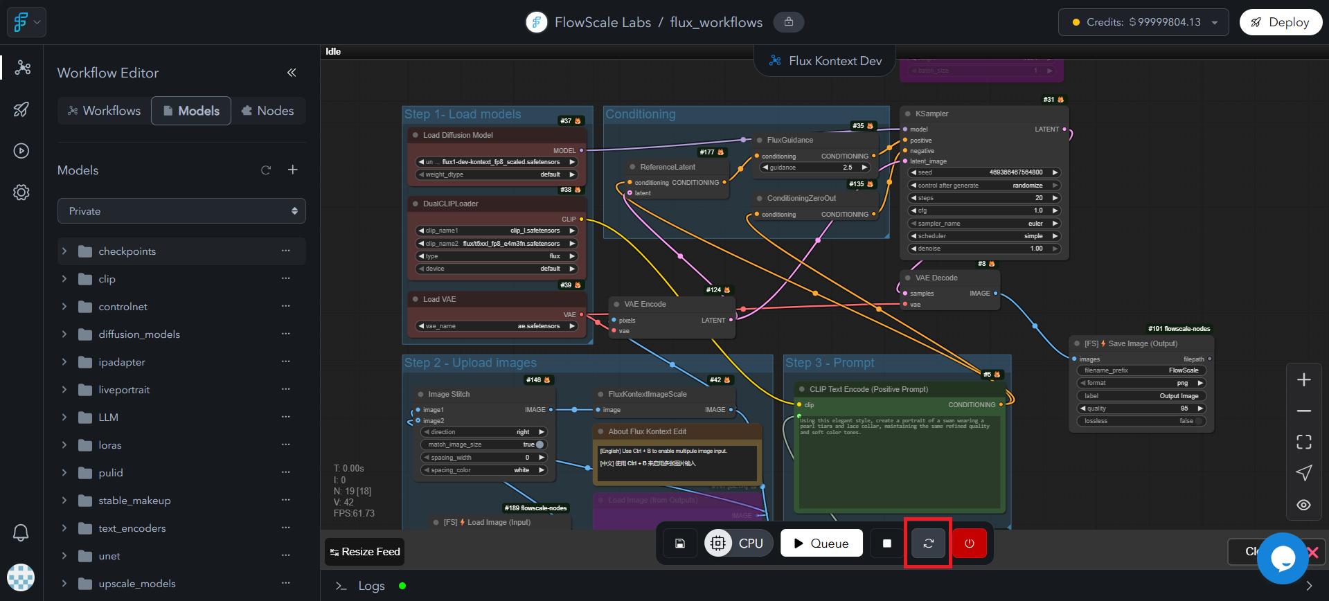 Actions bar with highlighted refresh button for reloading models and nodes, showing refresh state indicators and workspace synchronization status