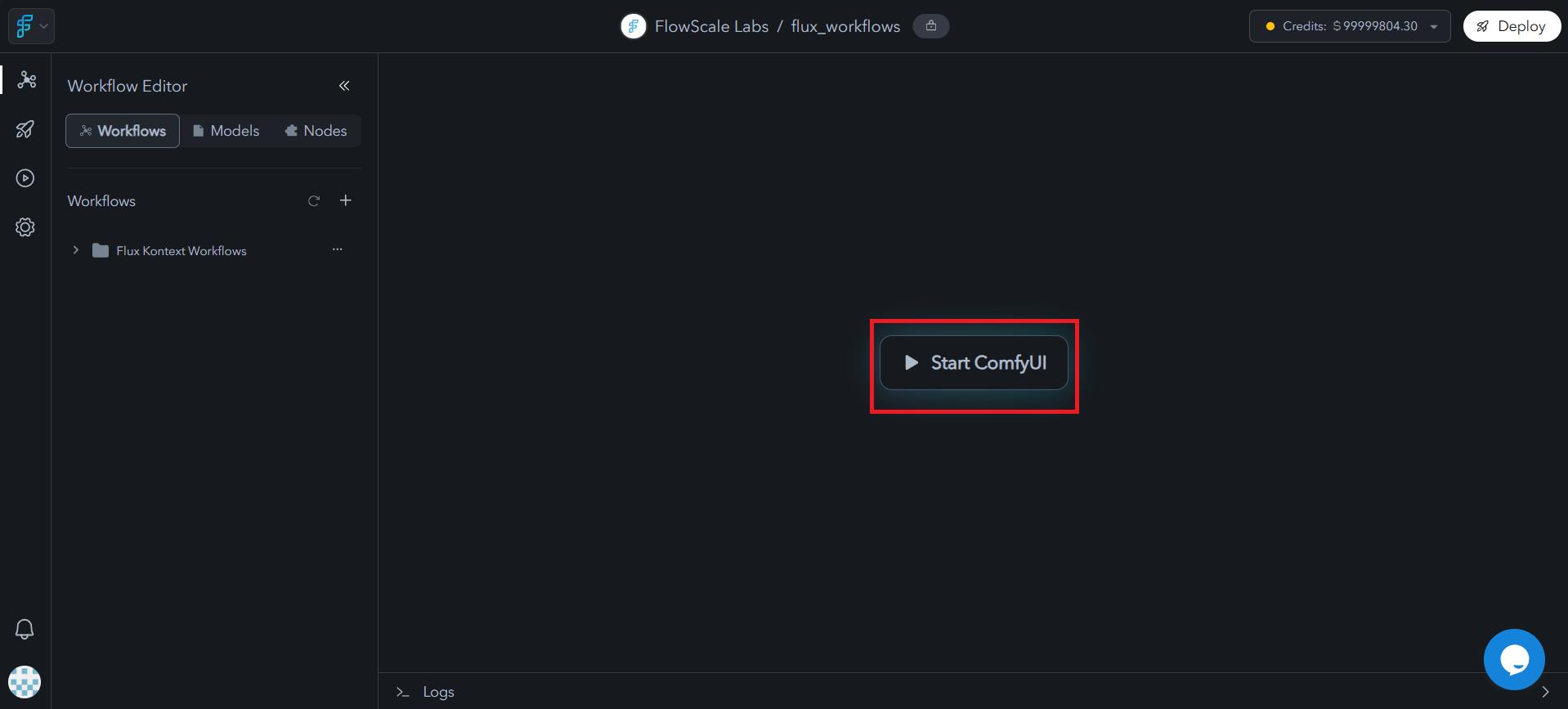 Project interface showing the prominent Start ComfyUI button with pod status indicators and workspace access controls. Shows resource availability and startup options